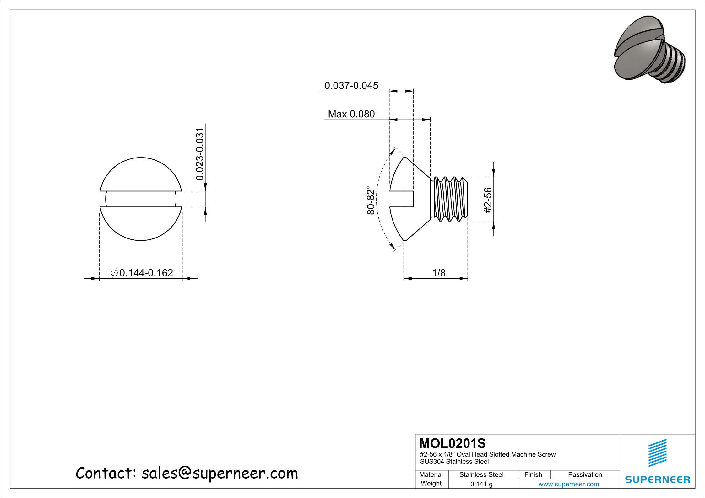 2-56 x 1/8" Oval Head Slotted Machine Screw SUS304 Stainless Steel Inox