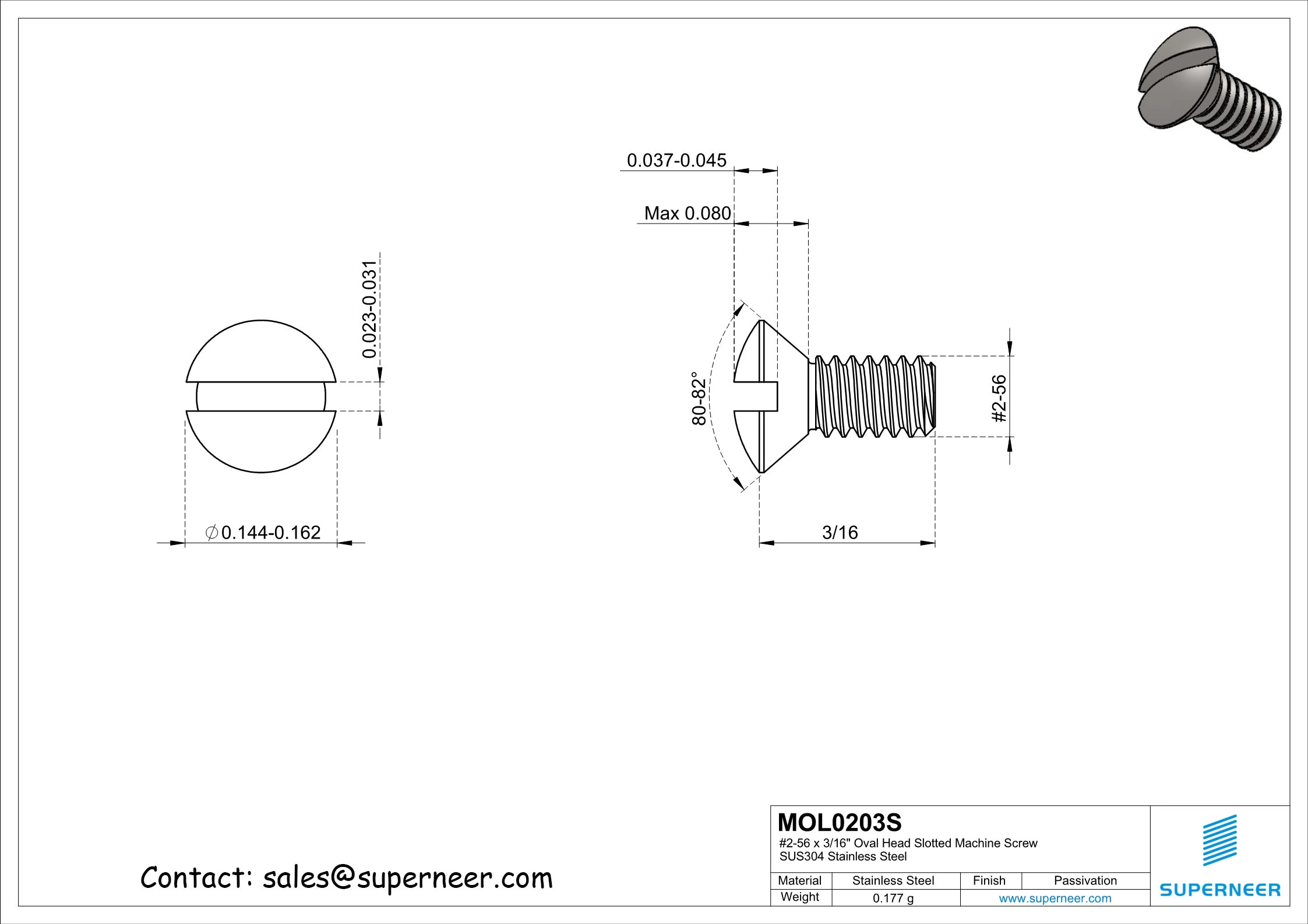 2-56 x 3/16" Oval Head Slotted Machine Screw SUS304 Stainless Steel Inox