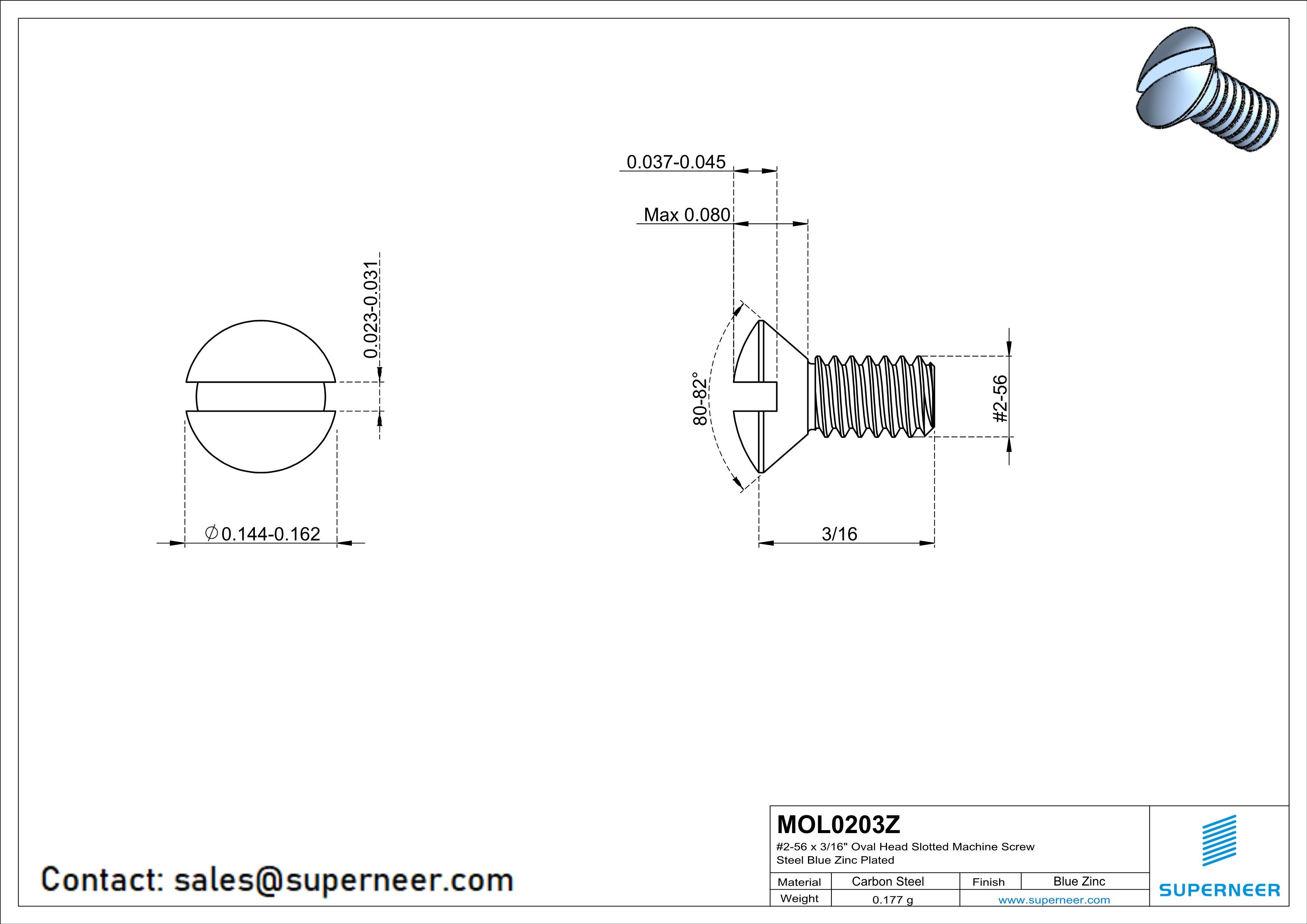 2-56 x 3/16" Oval Head Slotted Machine Screw Steel Blue Zinc Plated