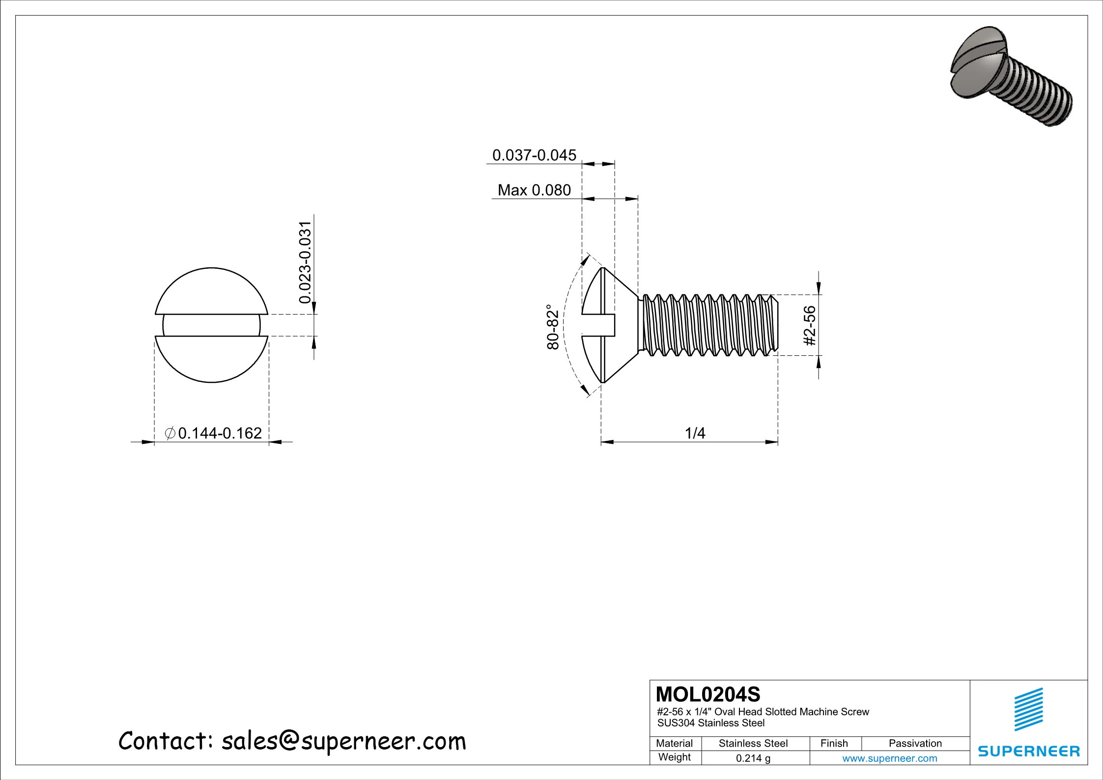 2-56 x 1/4" Oval Head Slotted Machine Screw SUS304 Stainless Steel Inox