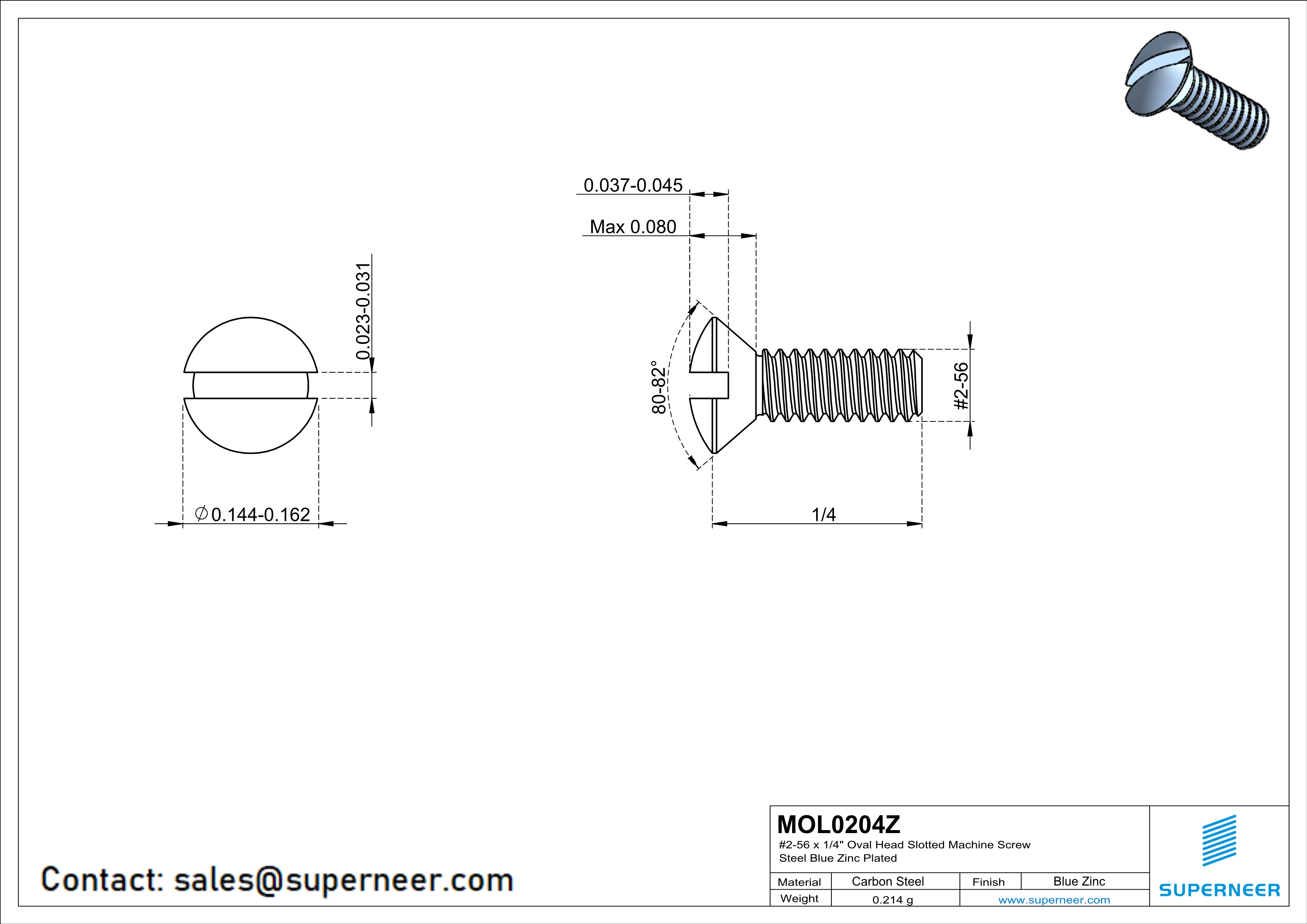 2-56 x 1/4" Oval Head Slotted Machine Screw Steel Blue Zinc Plated