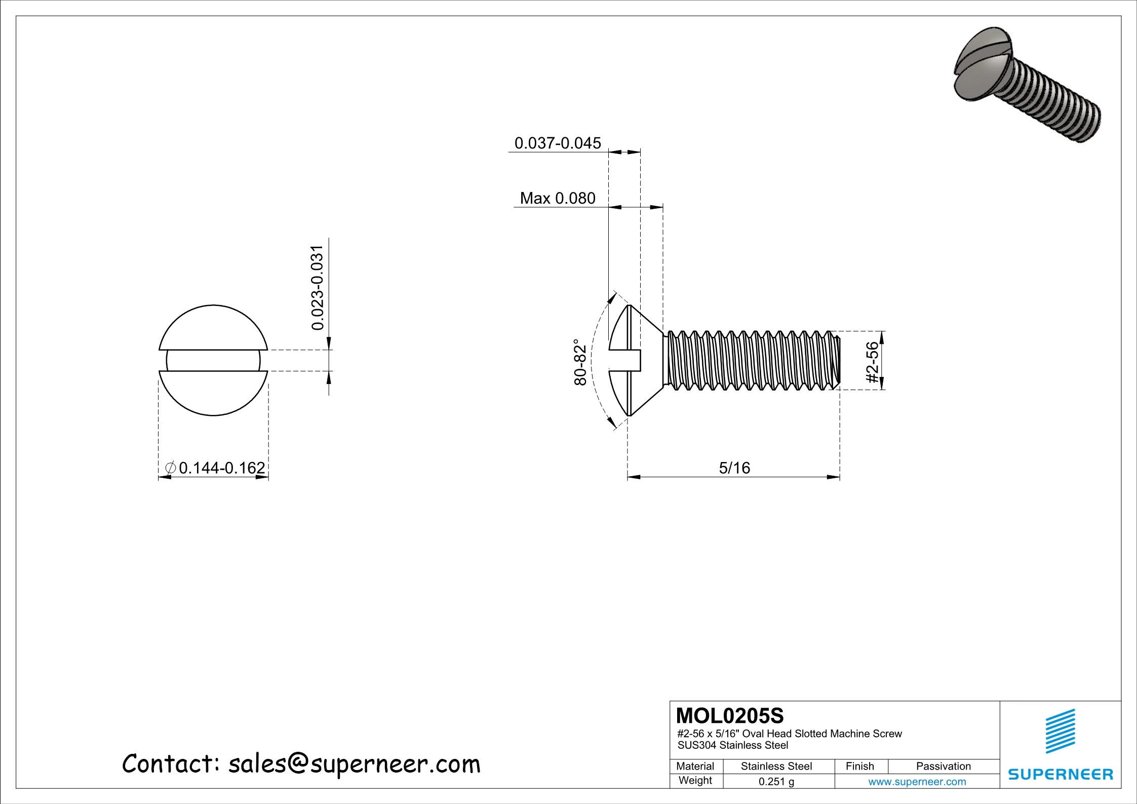 2-56 x 5/16" Oval Head Slotted Machine Screw SUS304 Stainless Steel Inox