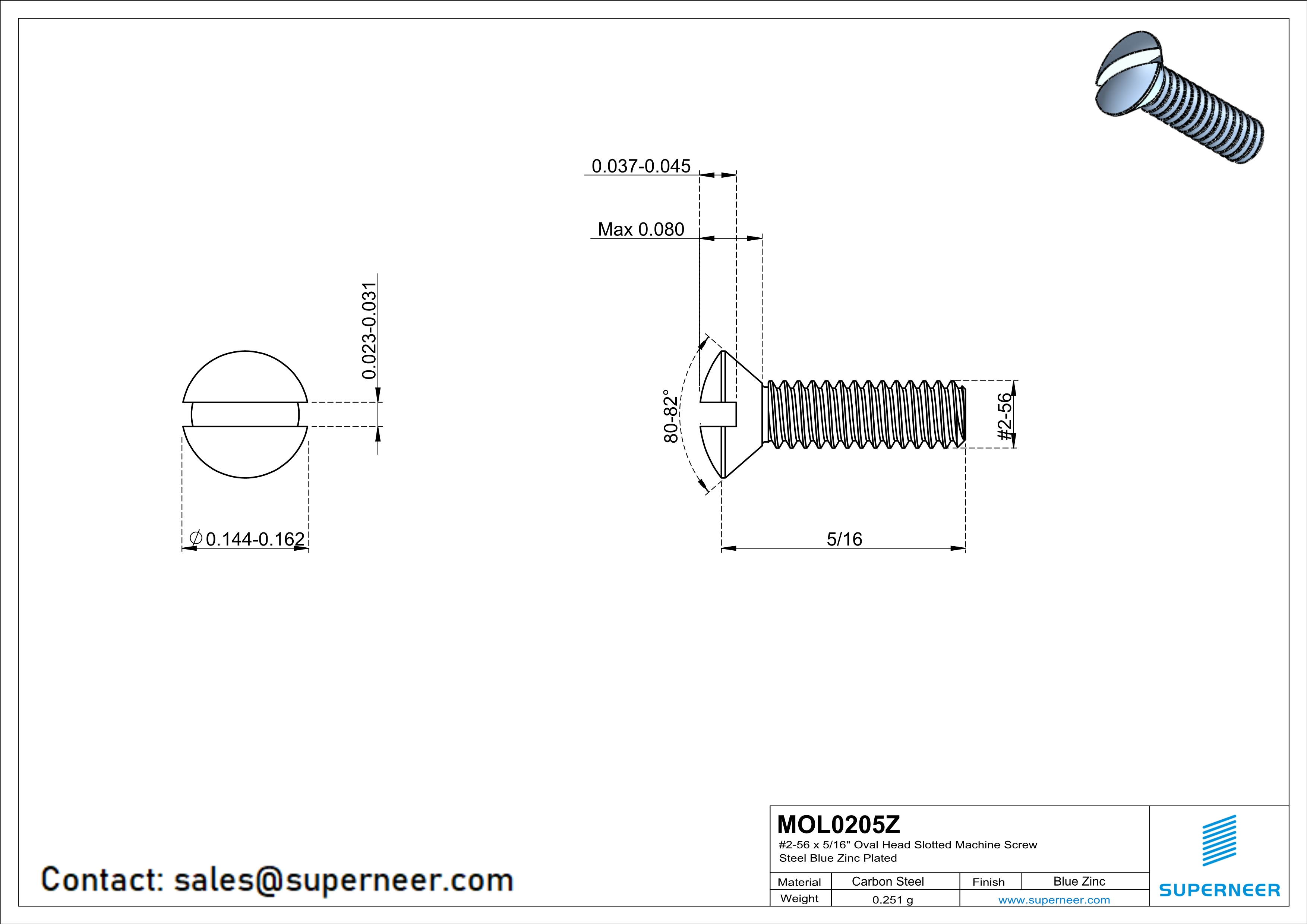 2-56 x 5/16" Oval Head Slotted Machine Screw Steel Blue Zinc Plated