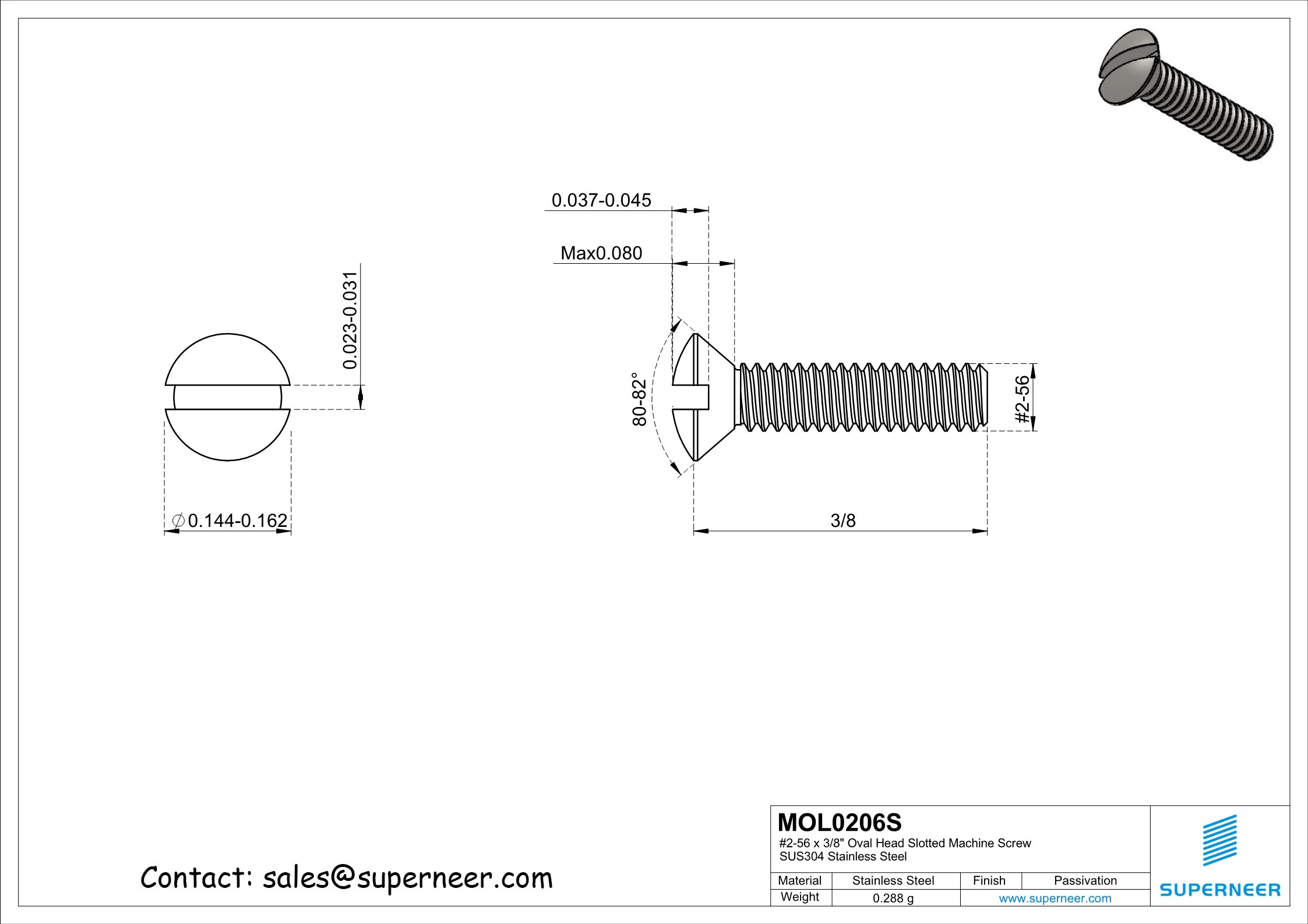 2-56 x 3/8" Oval Head Slotted Machine Screw SUS304 Stainless Steel Inox