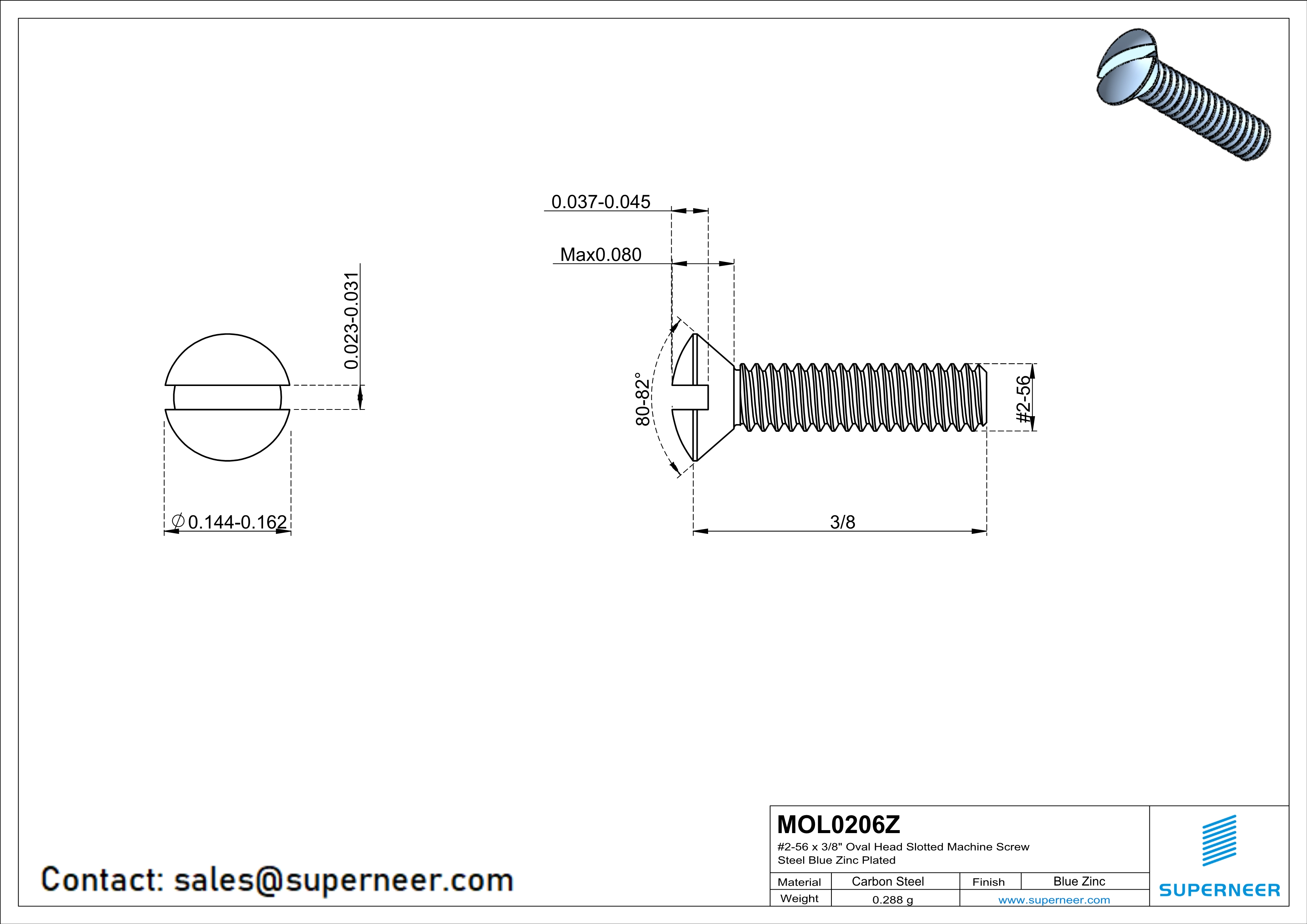 2-56 x 3/8" Oval Head Slotted Machine Screw Steel Blue Zinc Plated