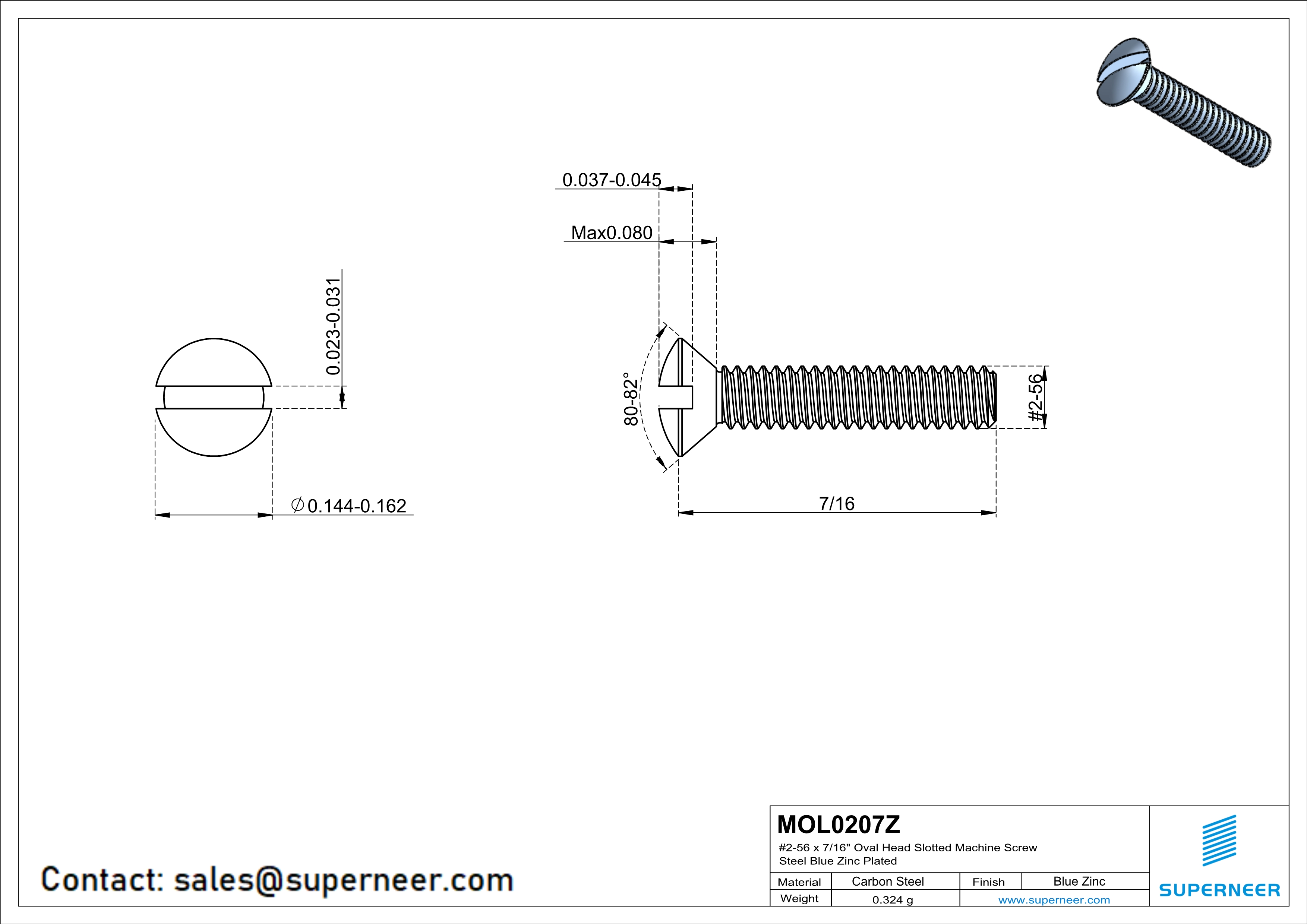 2-56 x 7/16" Oval Head Slotted Machine Screw Steel Blue Zinc Plated