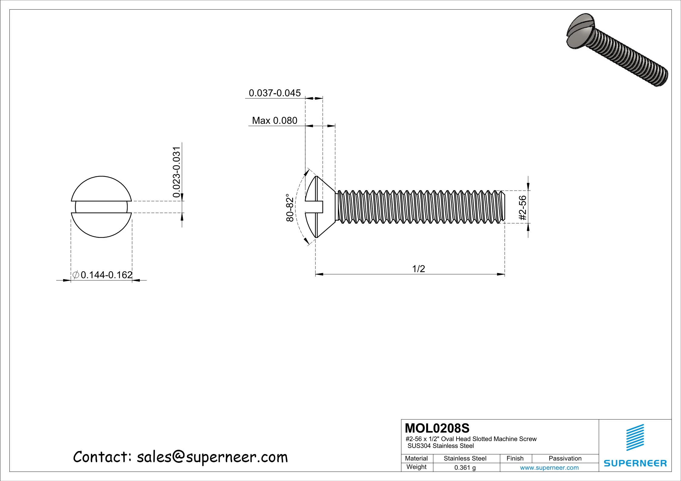 2-56 x 1/2" Oval Head Slotted Machine Screw SUS304 Stainless Steel Inox