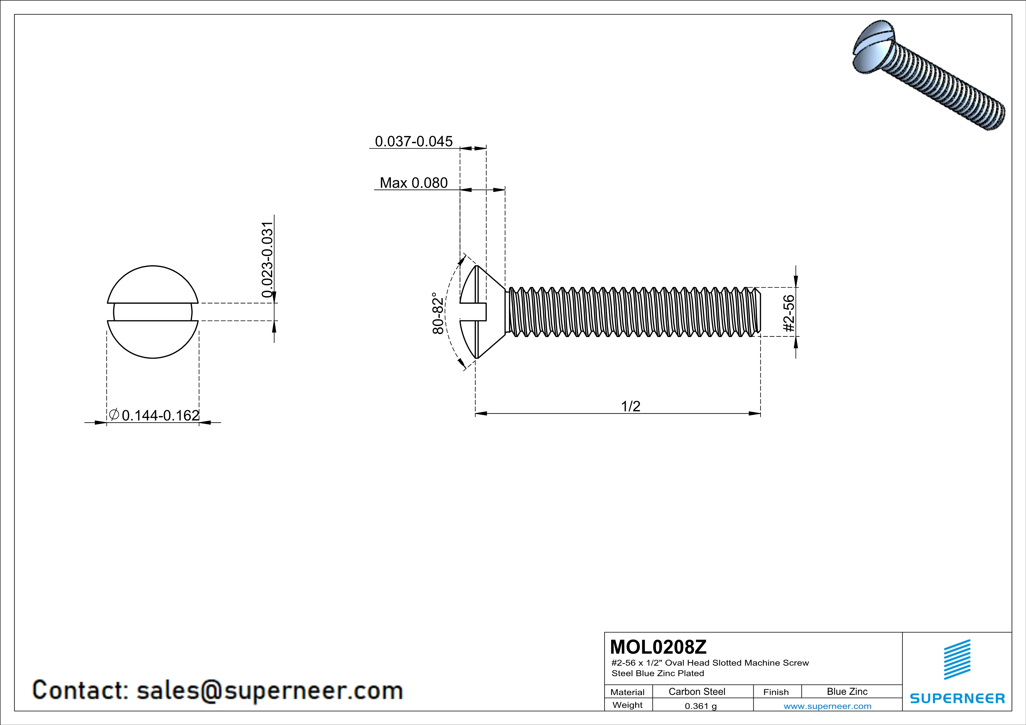 2-56 x 1/2" Oval Head Slotted Machine Screw Steel Blue Zinc Plated