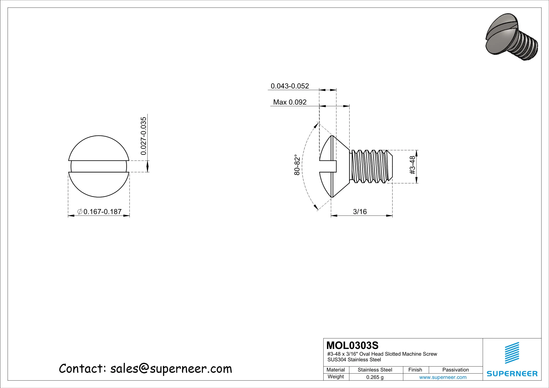 3-48 x 3/16" Oval Head Slotted Machine Screw SUS304 Stainless Steel Inox