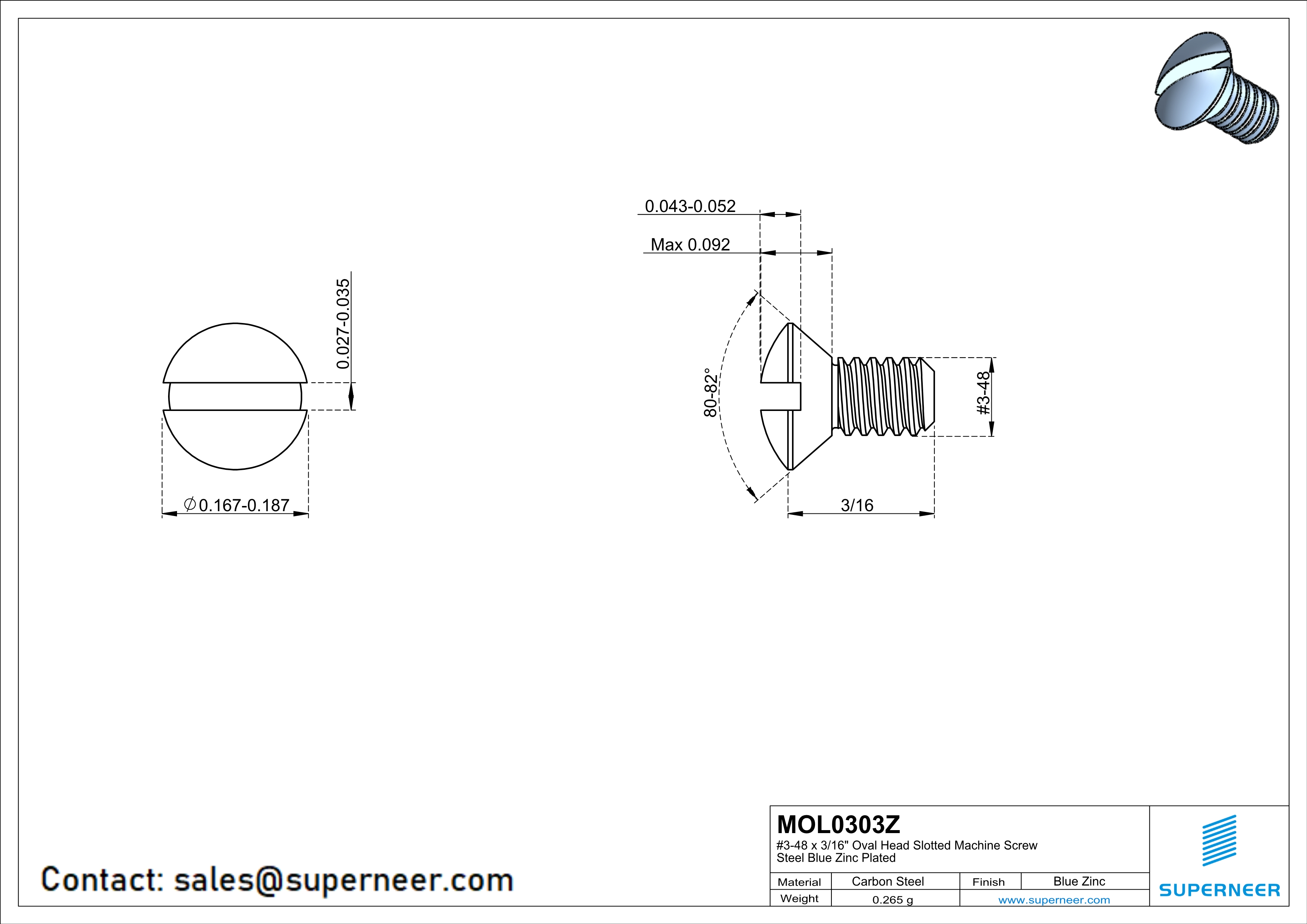 3-48 x 3/16" Oval Head Slotted Machine Screw Steel Blue Zinc Plated