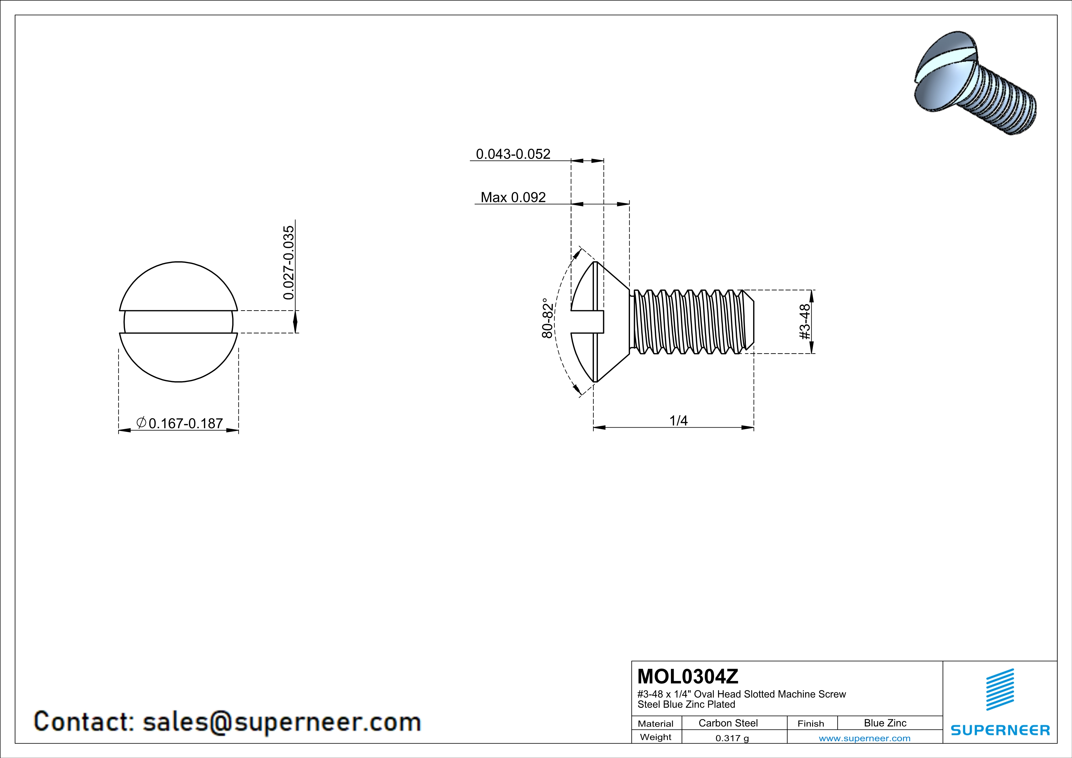 3-48 x 1/4" Oval Head Slotted Machine Screw Steel Blue Zinc Plated