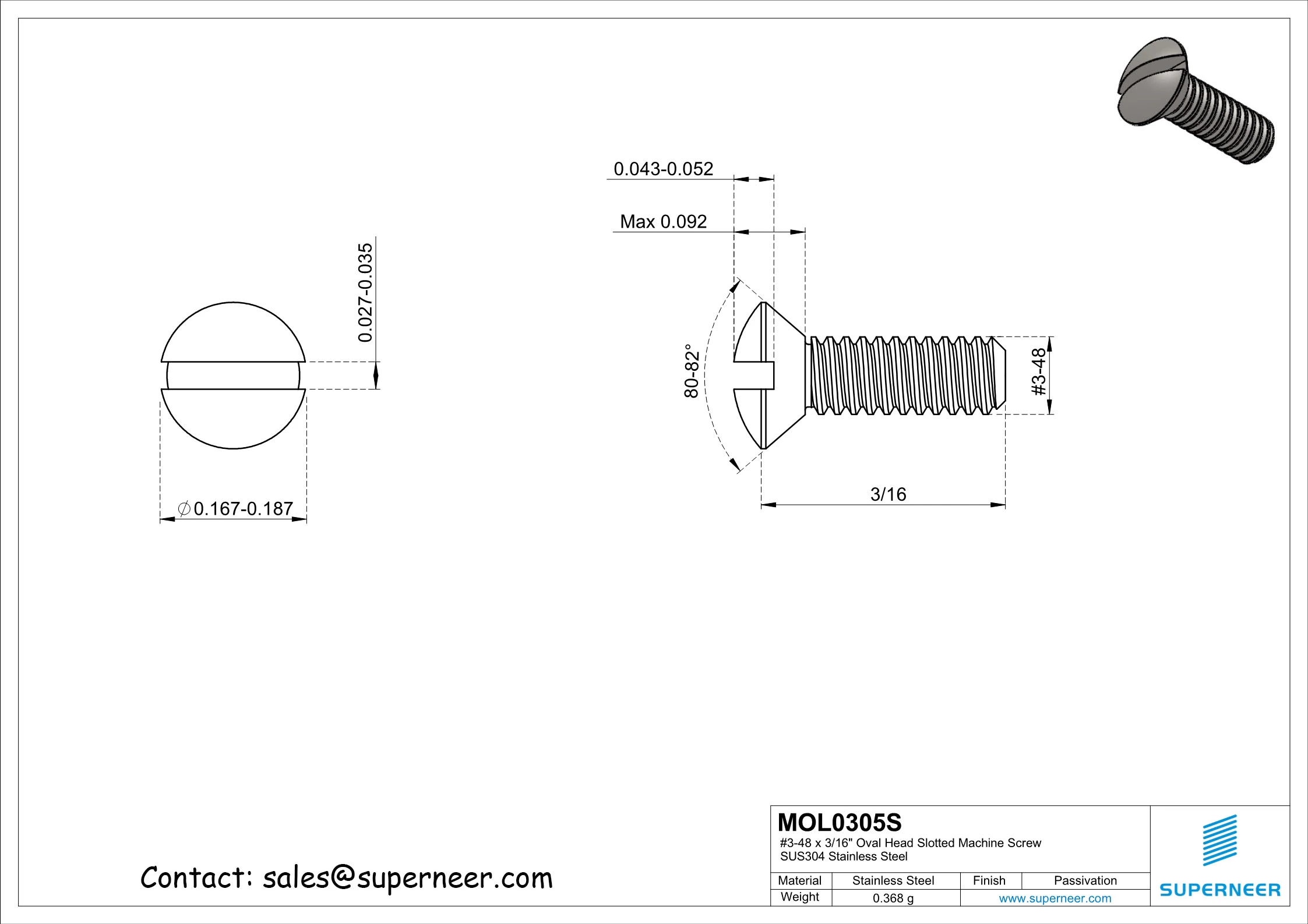 3-48 x 5/16" Oval Head Slotted Machine Screw SUS304 Stainless Steel Inox