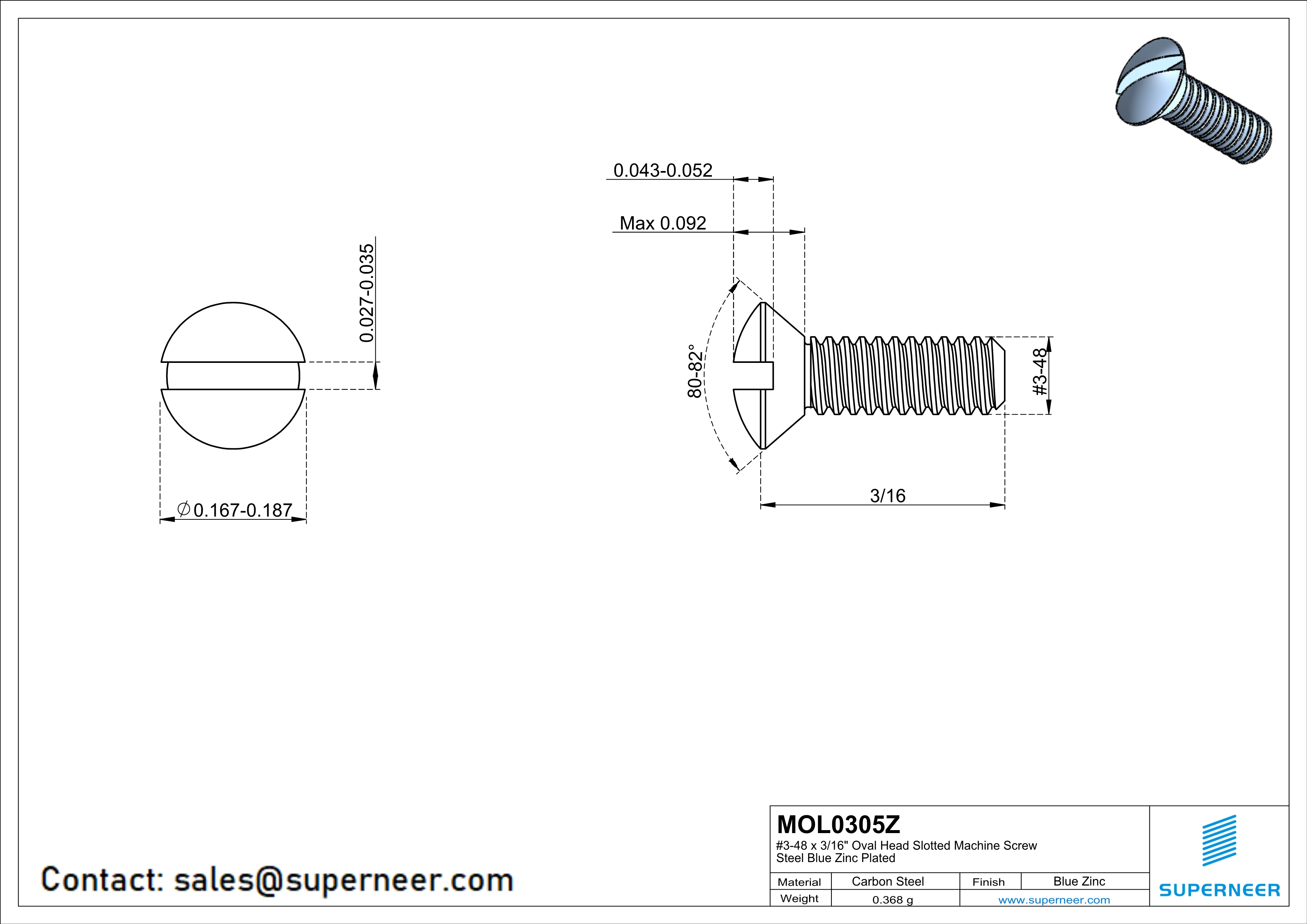 3-48 x 5/16" Oval Head Slotted Machine Screw Steel Blue Zinc Plated