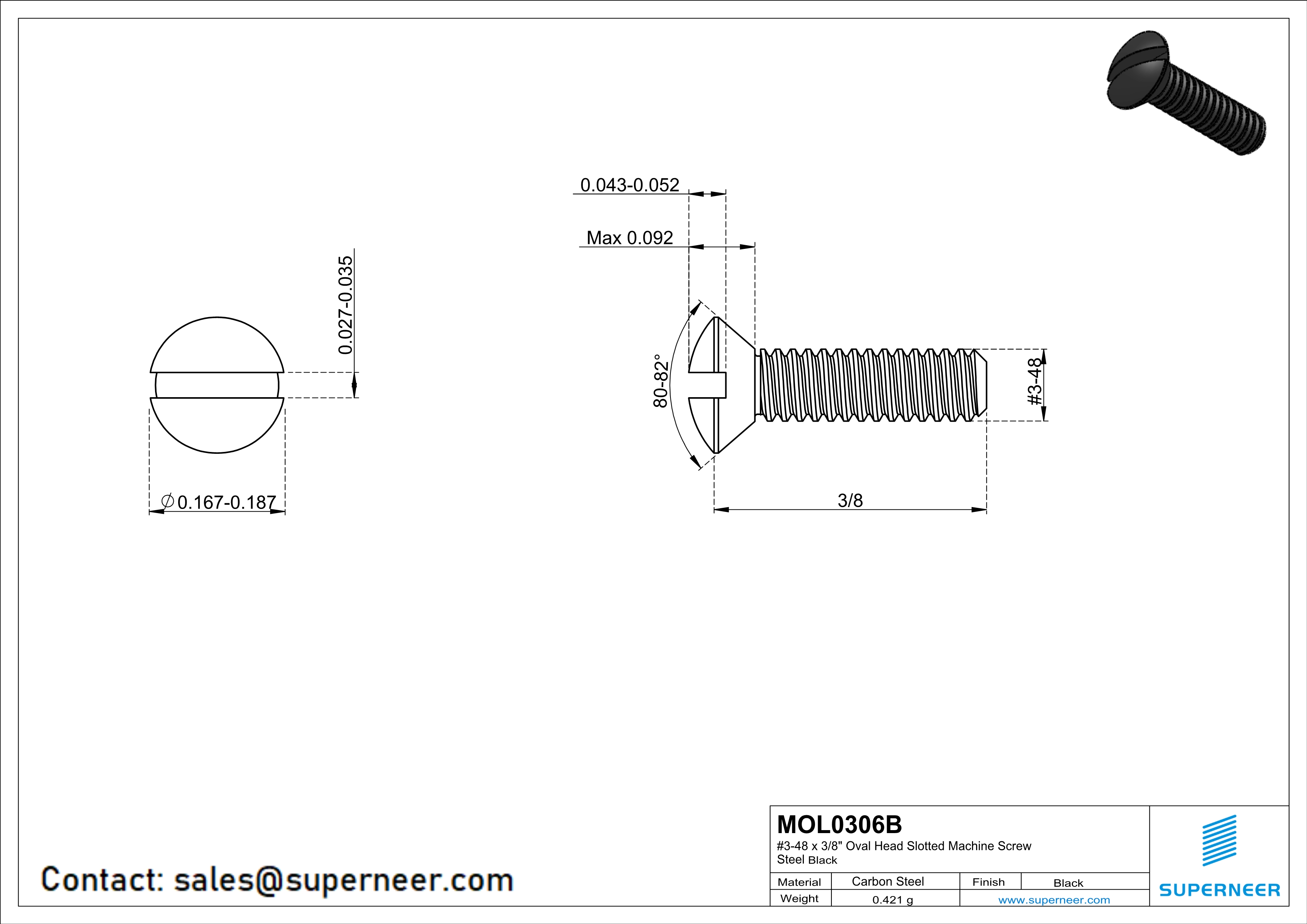 3-48 x 3/8" Oval Head Slotted Machine Screw Steel Black