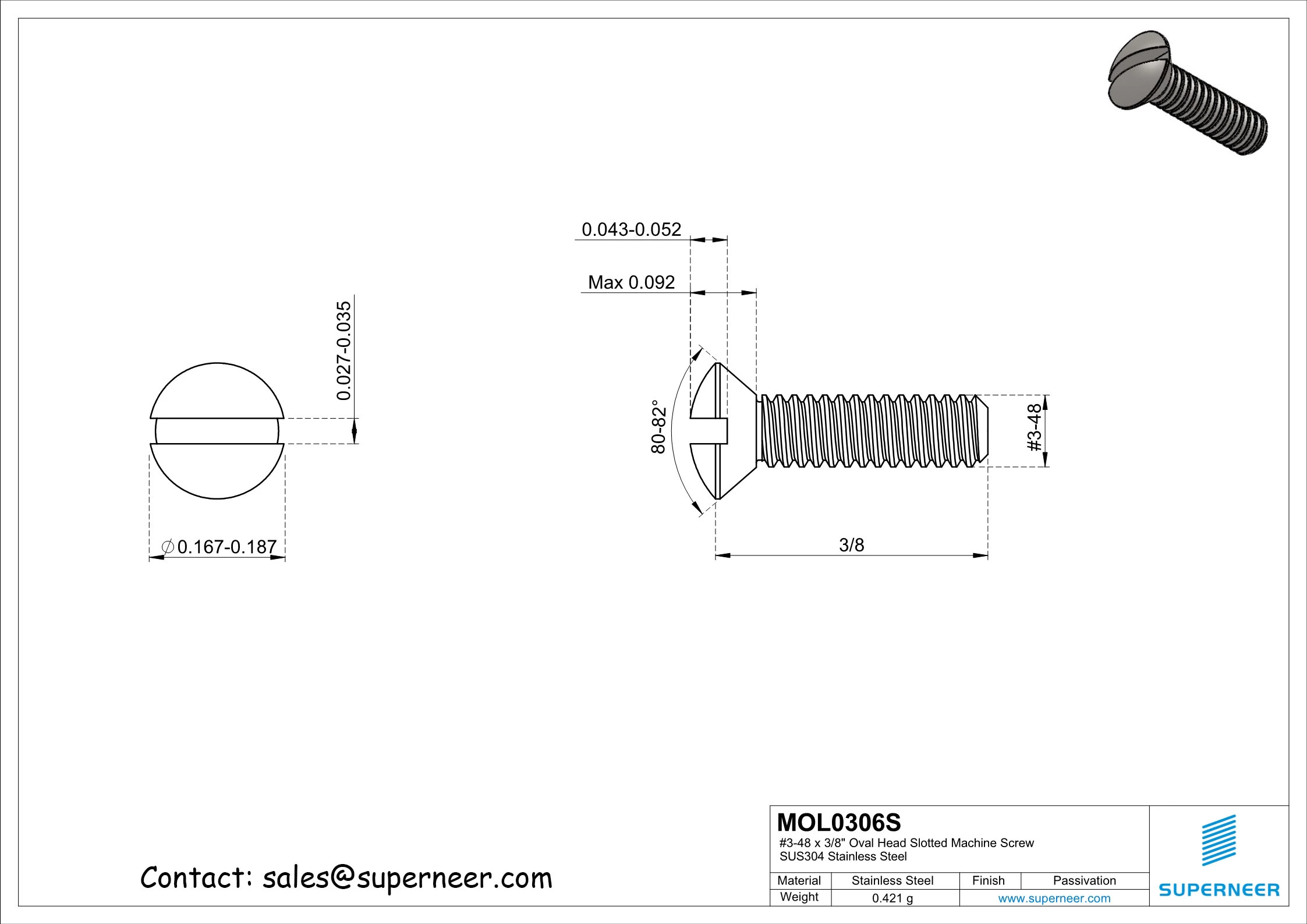 3-48 x 3/8" Oval Head Slotted Machine Screw SUS304 Stainless Steel Inox