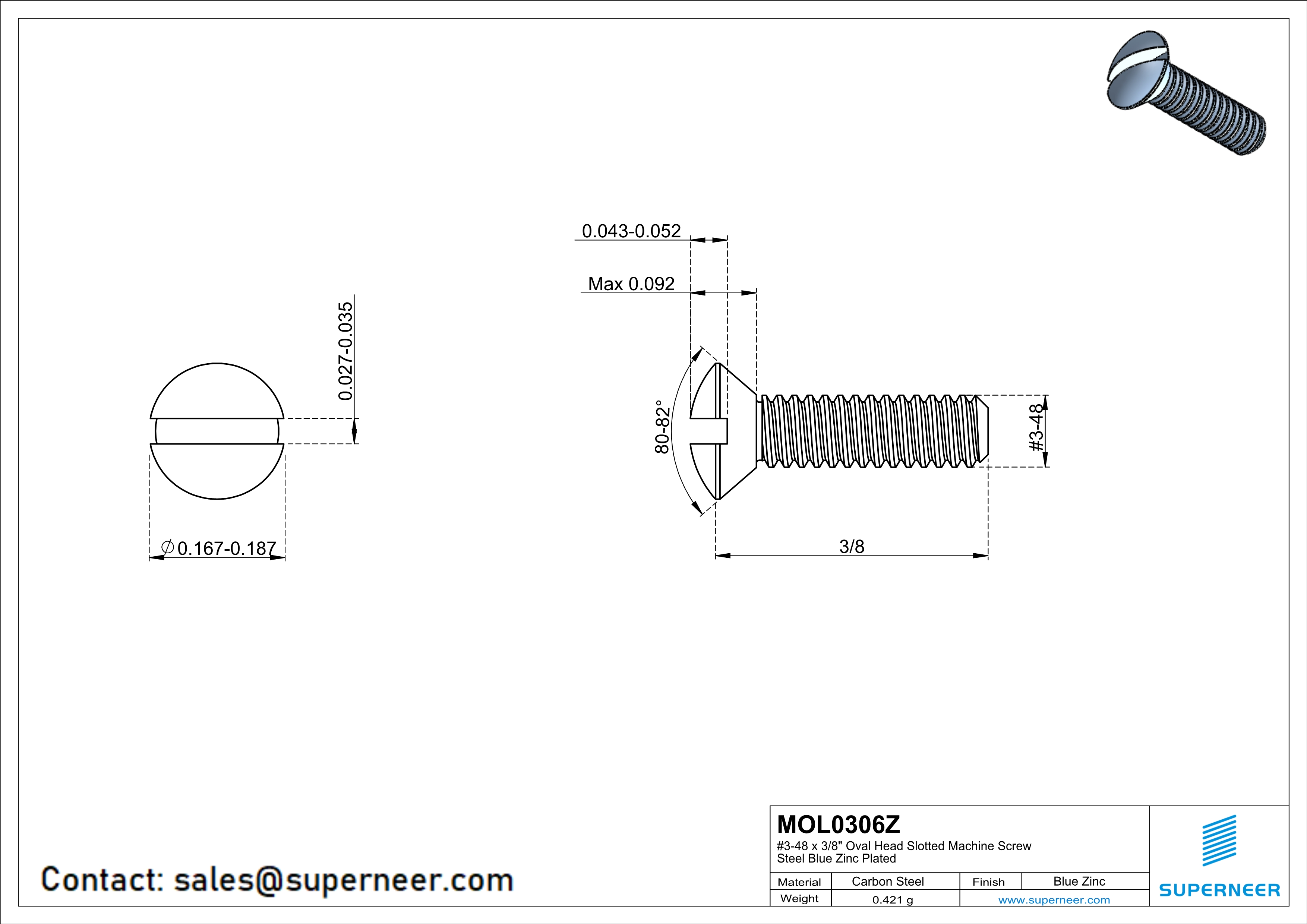 3-48 x 3/8" Oval Head Slotted Machine Screw Steel Blue Zinc Plated