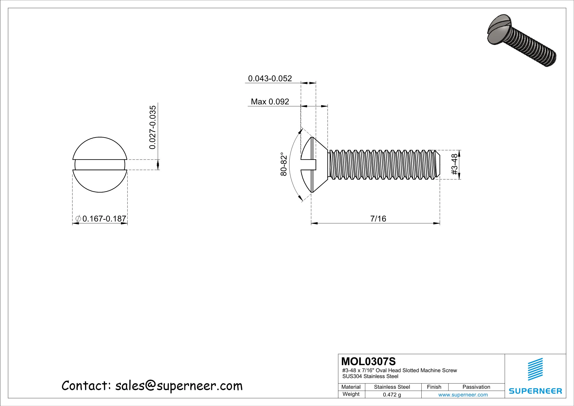 3-48 x 7/16" Oval Head Slotted Machine Screw SUS304 Stainless Steel Inox