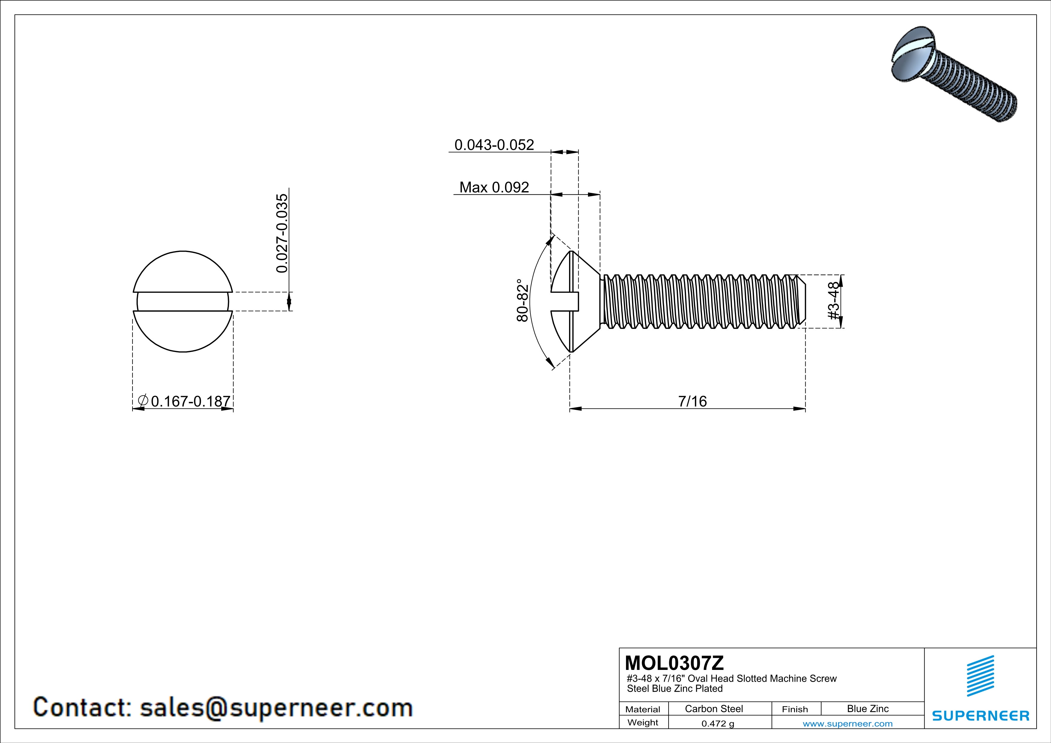 3-48 x 7/16" Oval Head Slotted Machine Screw Steel Blue Zinc Plated