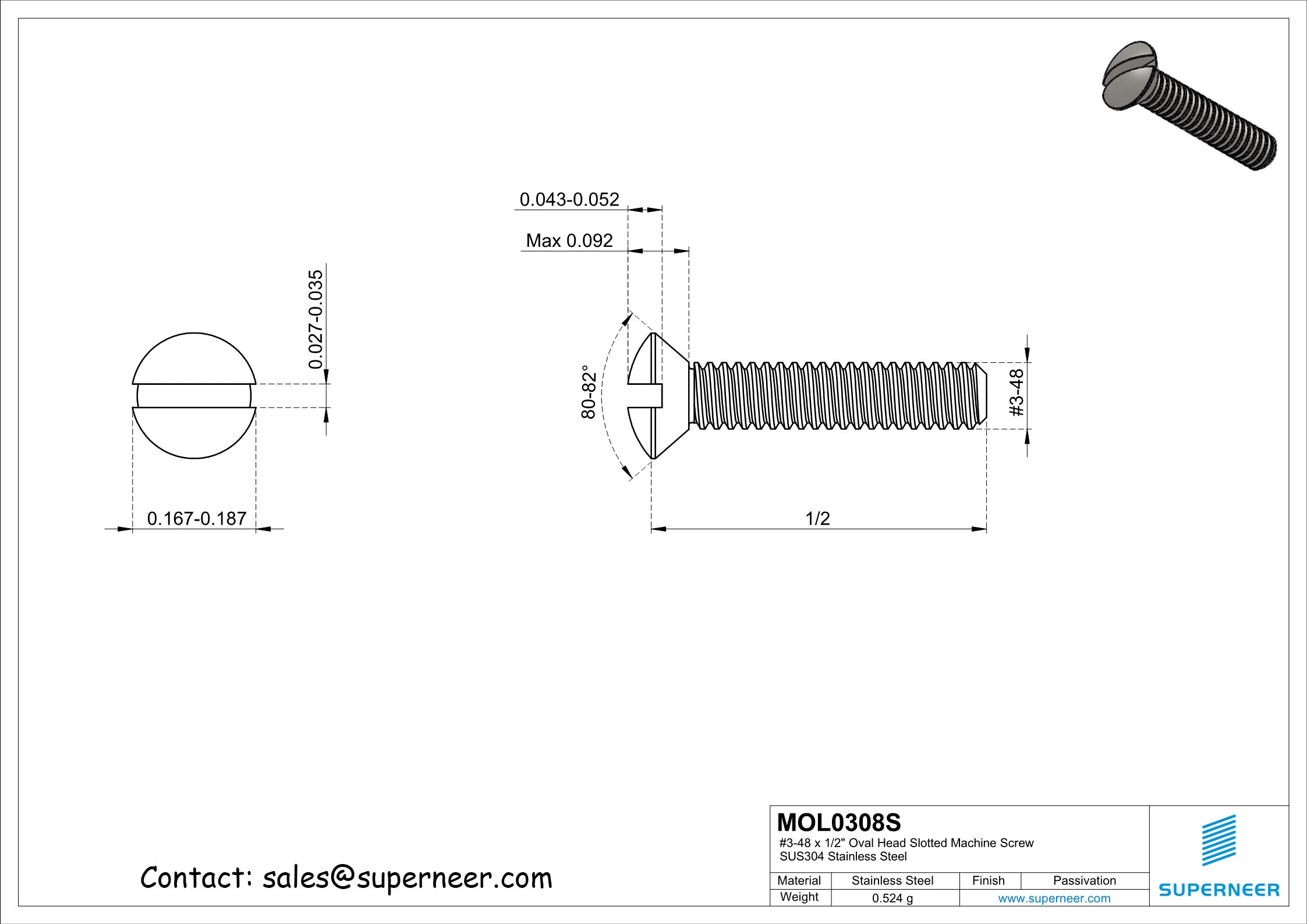 3-48 x 1/2" Oval Head Slotted Machine Screw SUS304 Stainless Steel Inox