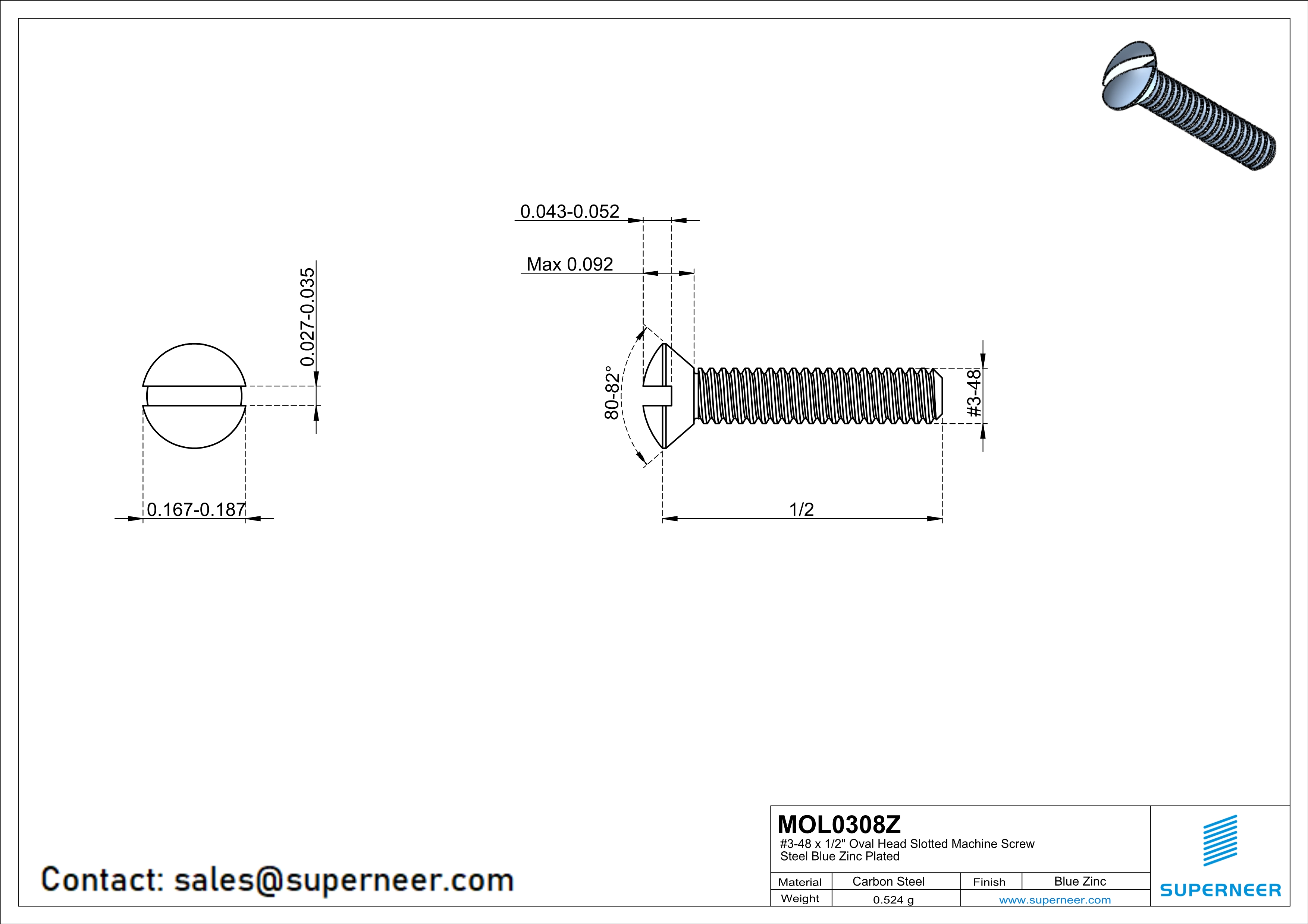 3-48 x 1/2" Oval Head Slotted Machine Screw Steel Blue Zinc Plated