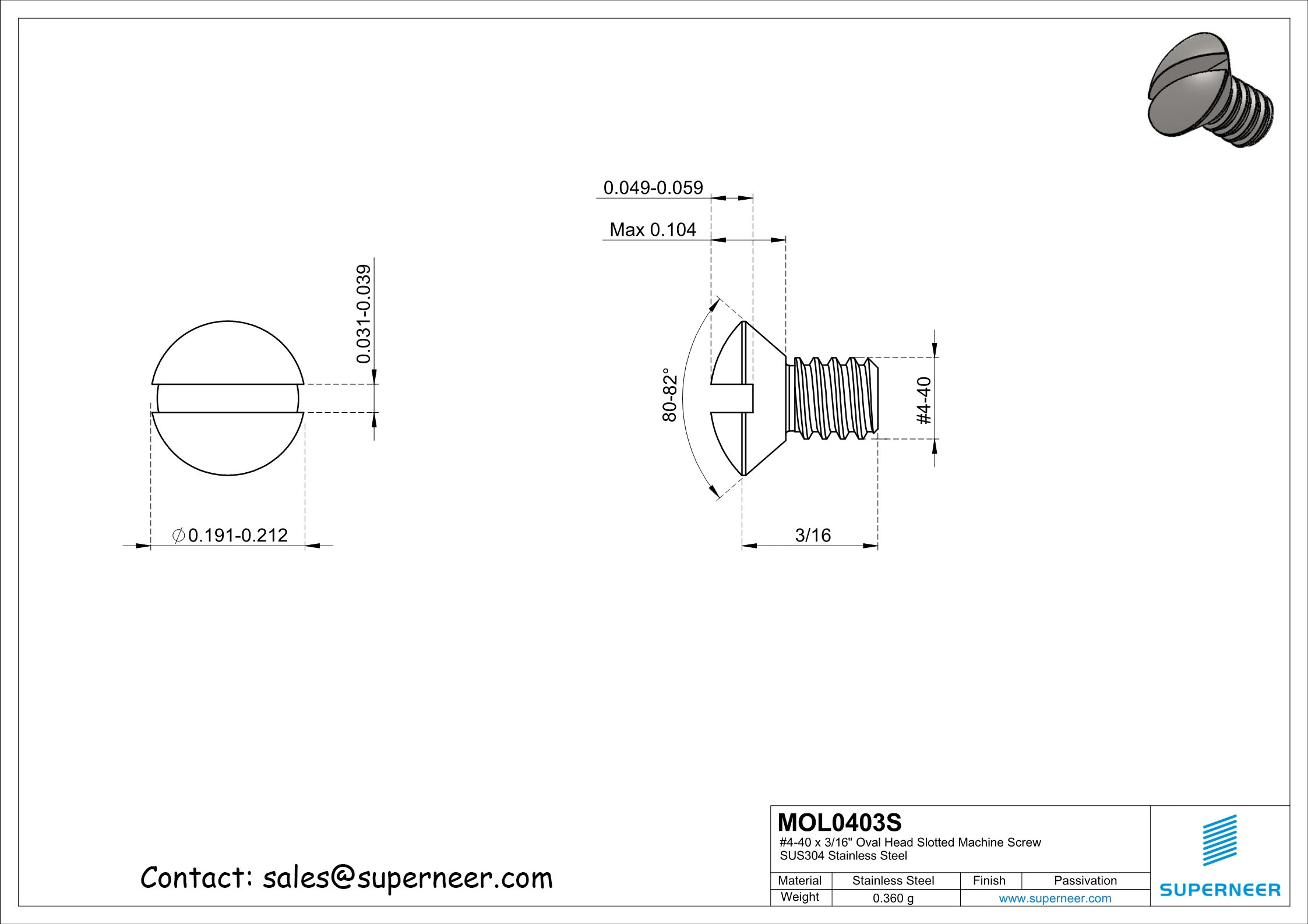 4-40 x 3/16" Oval Head Slotted Machine Screw SUS304 Stainless Steel Inox