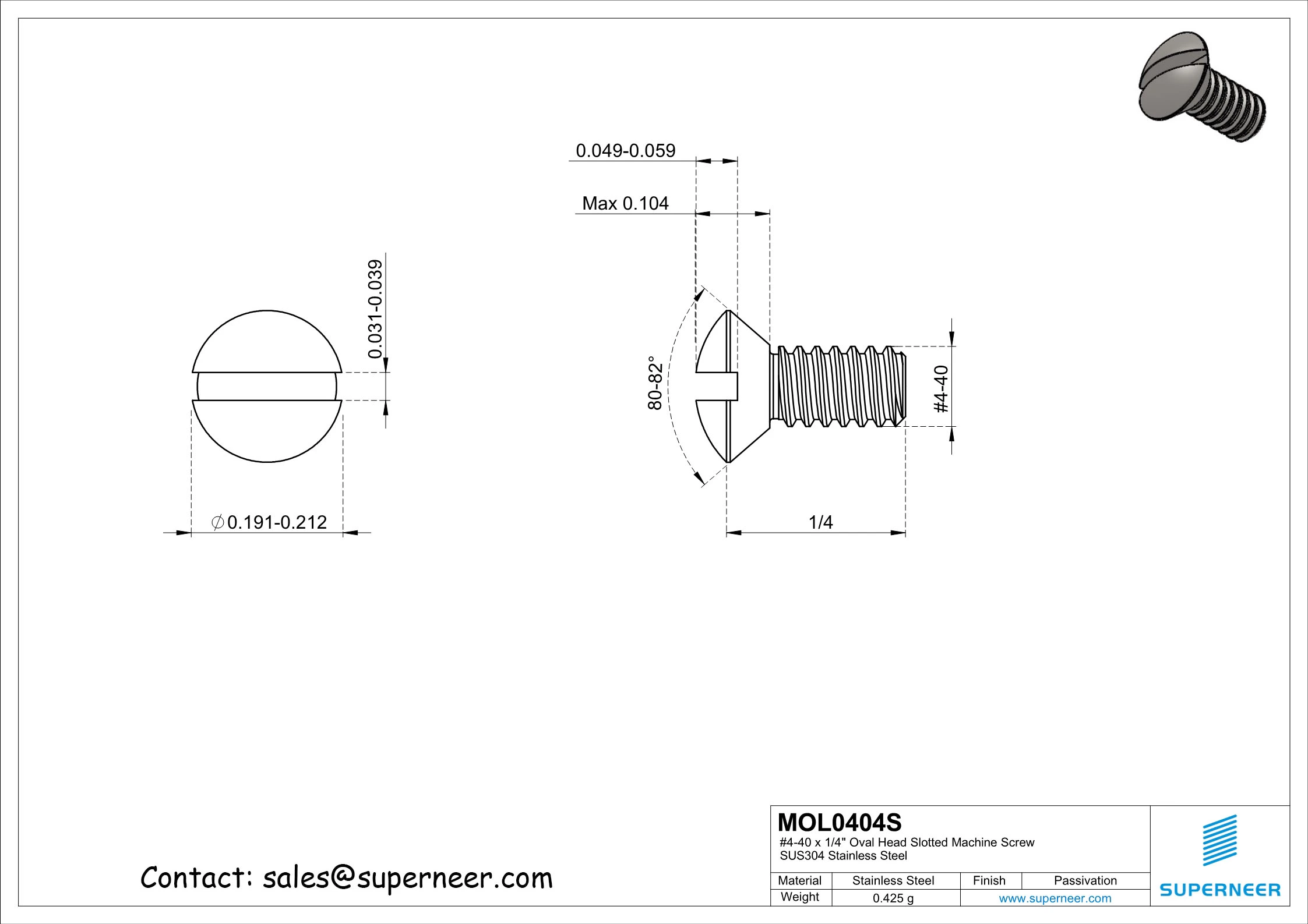 4-40 x 1/4" Oval Head Slotted Machine Screw SUS304 Stainless Steel Inox