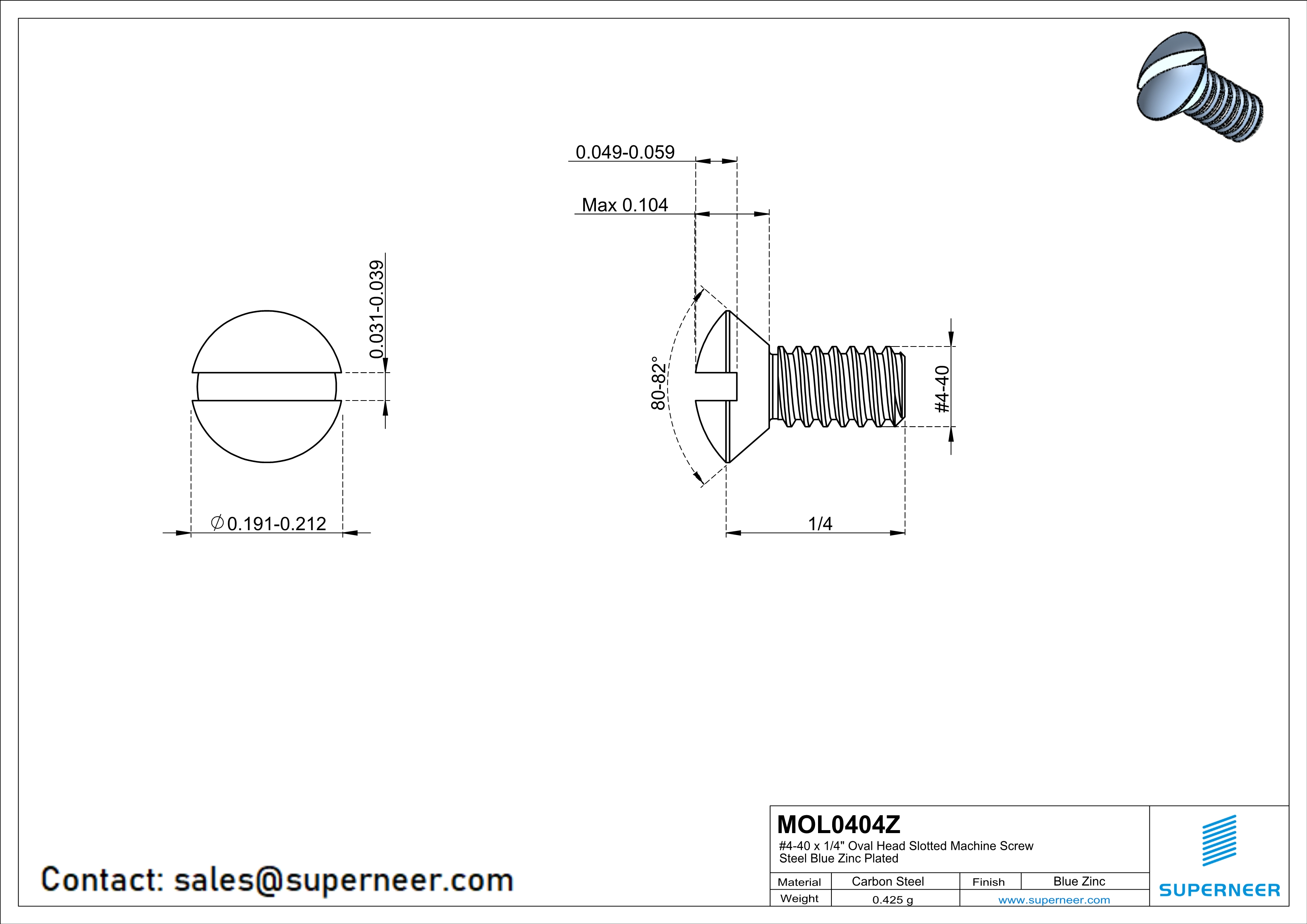 4-40 x 1/4" Oval Head Slotted Machine Screw Steel Blue Zinc Plated