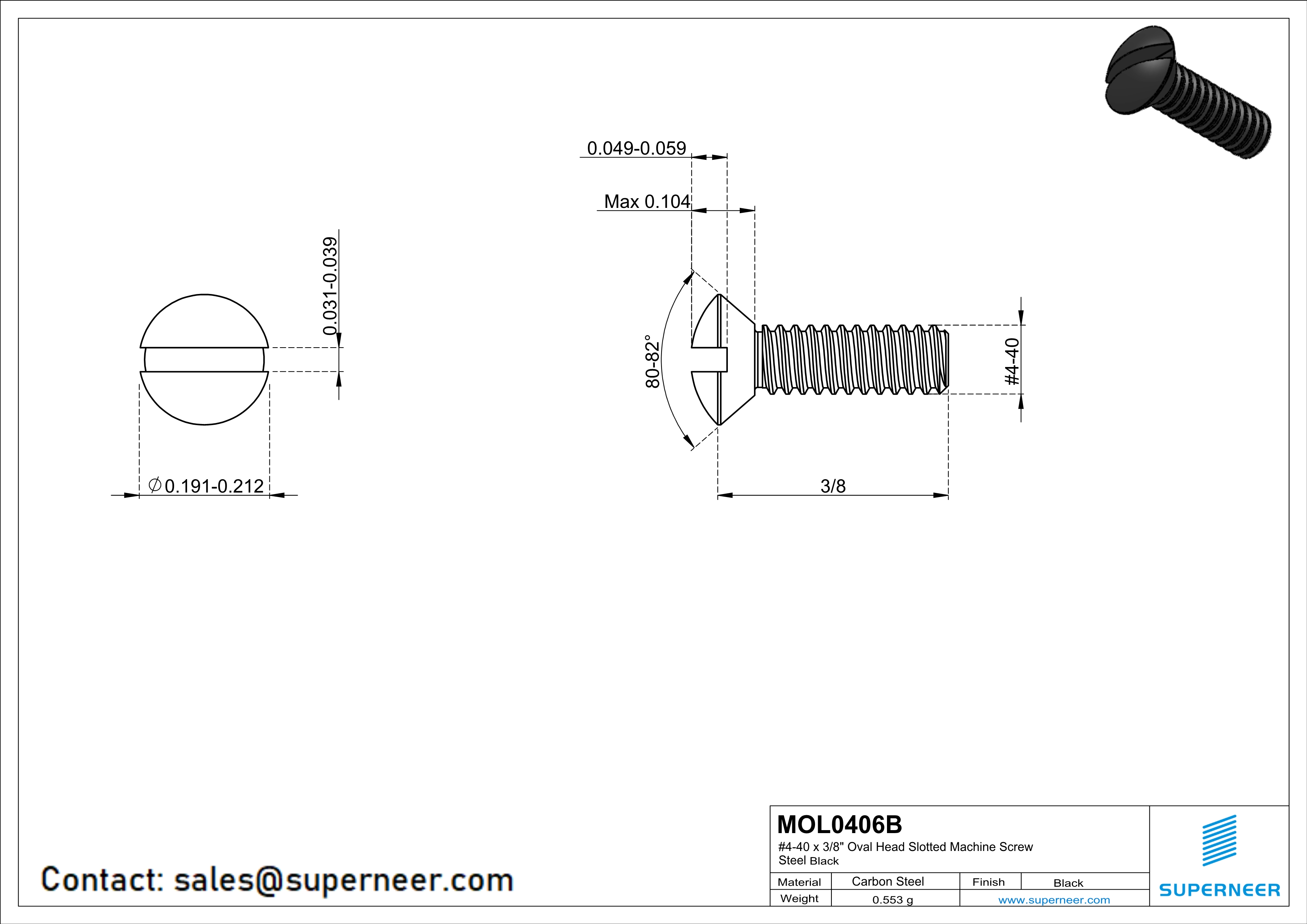 4-40 x 3/8" Oval Head Slotted Machine Screw Steel Black