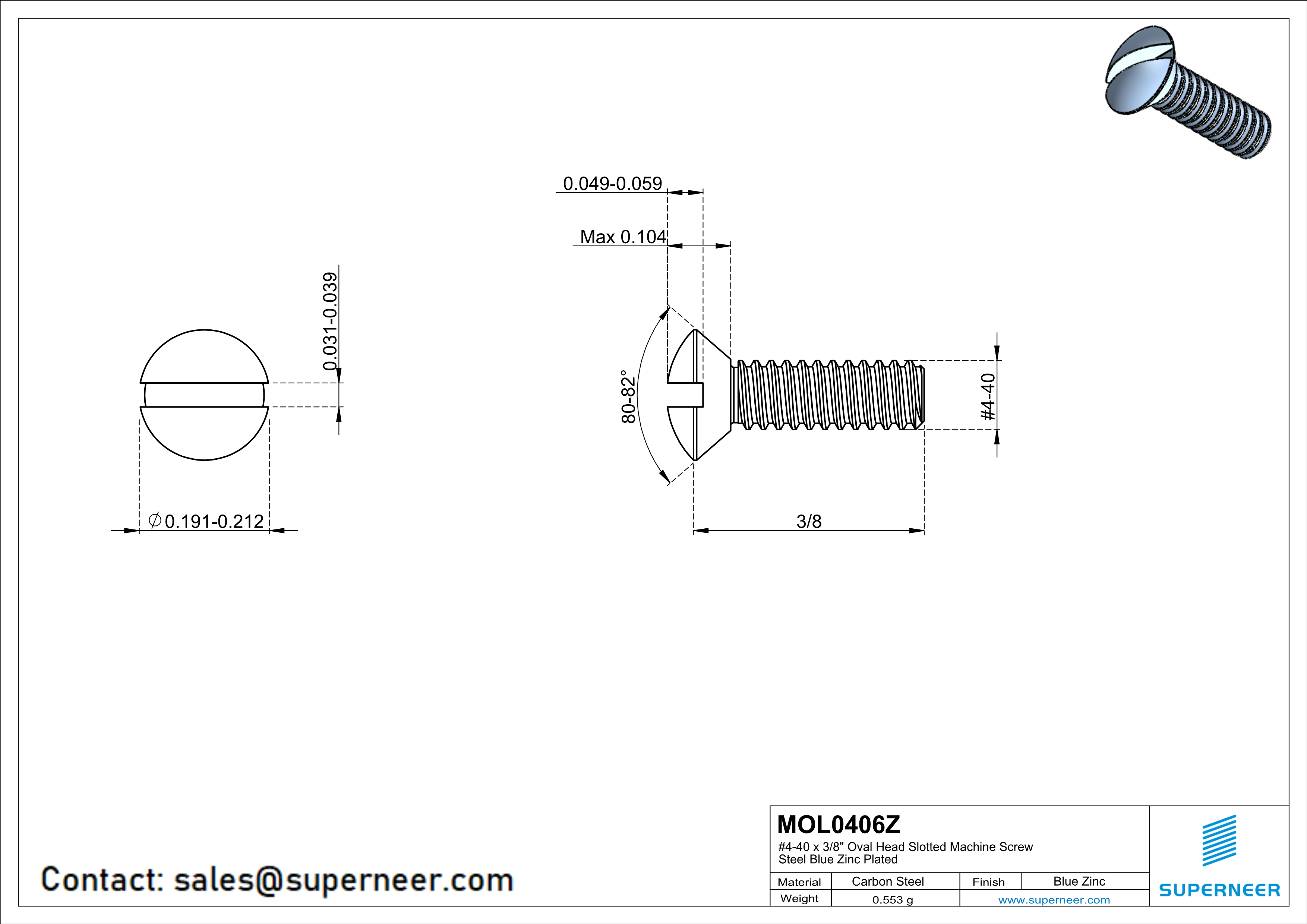 4-40 x 3/8" Oval Head Slotted Machine Screw Steel Blue Zinc Plated