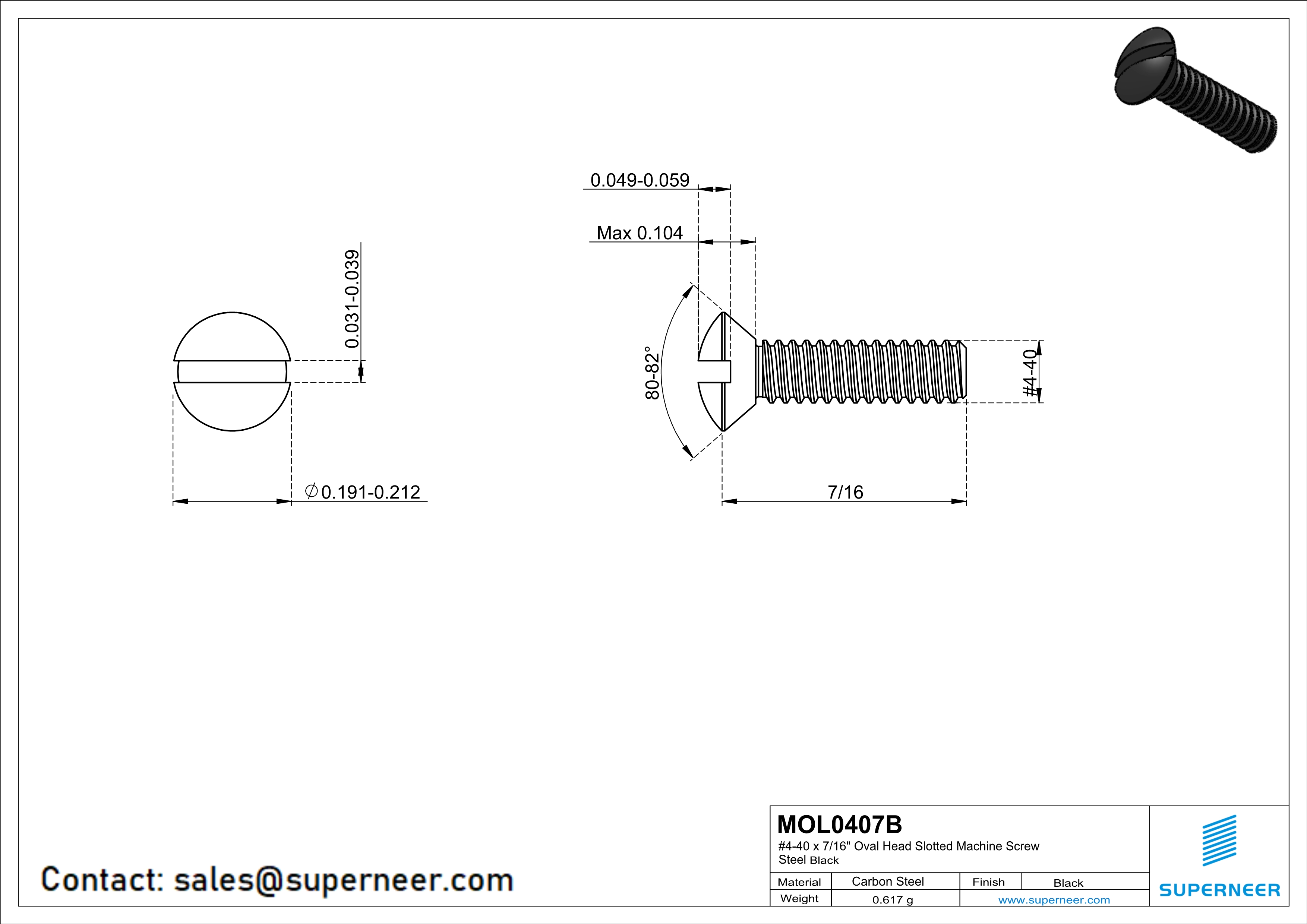 4-40 x 7/16" Oval Head Slotted Machine Screw Steel Black