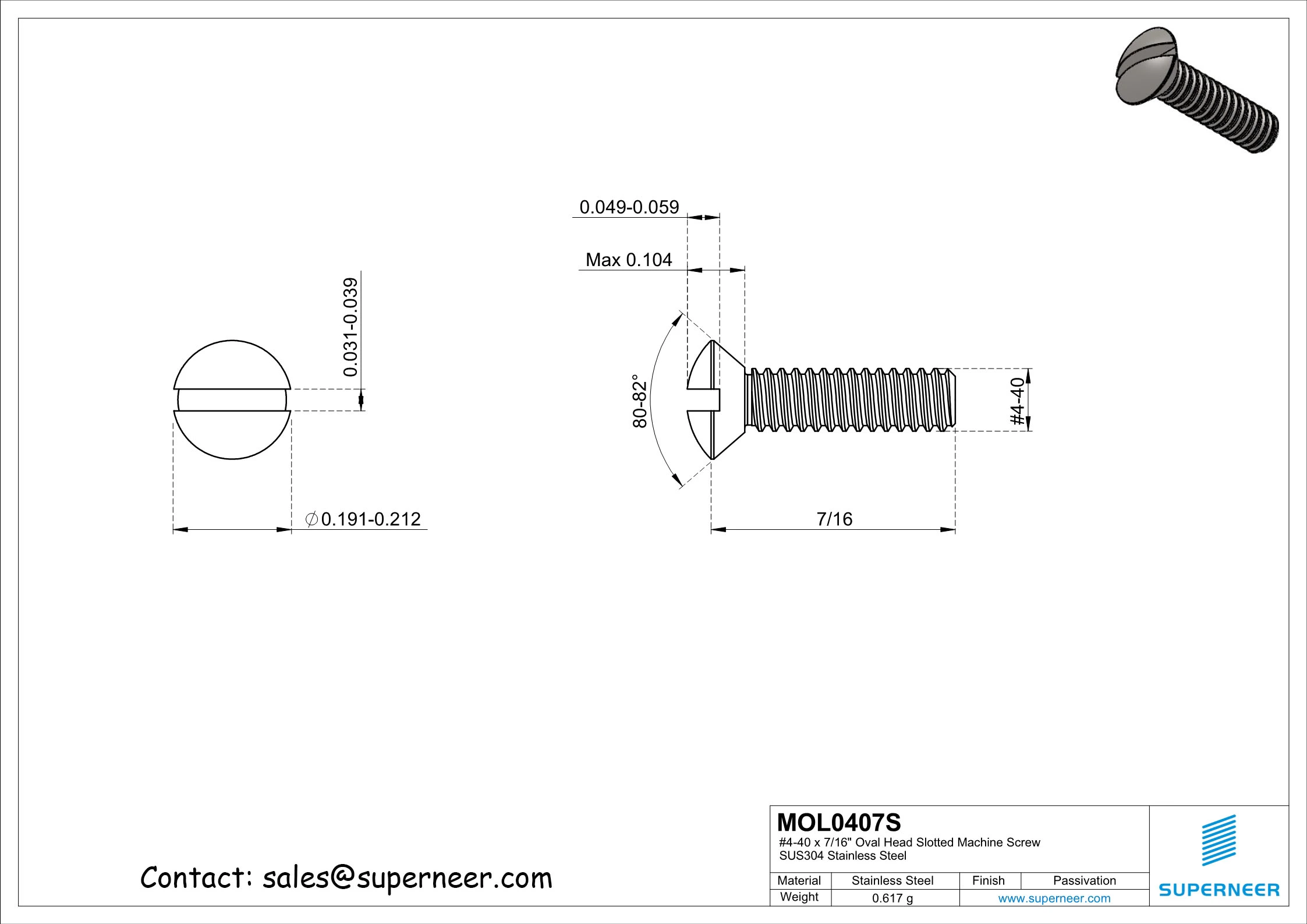 4-40 x 7/16" Oval Head Slotted Machine Screw SUS304 Stainless Steel Inox