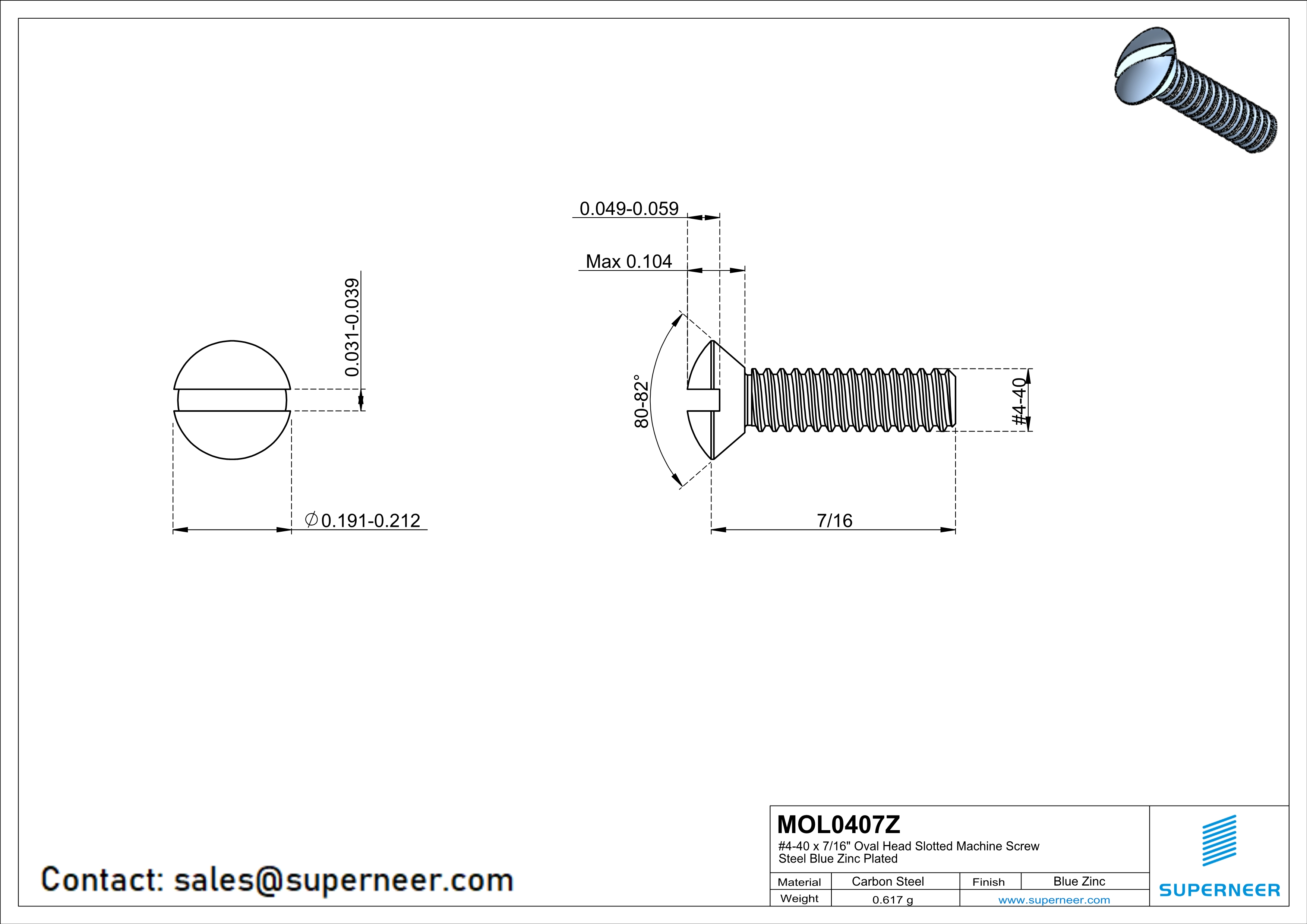 4-40 x 7/16" Oval Head Slotted Machine Screw Steel Blue Zinc Plated