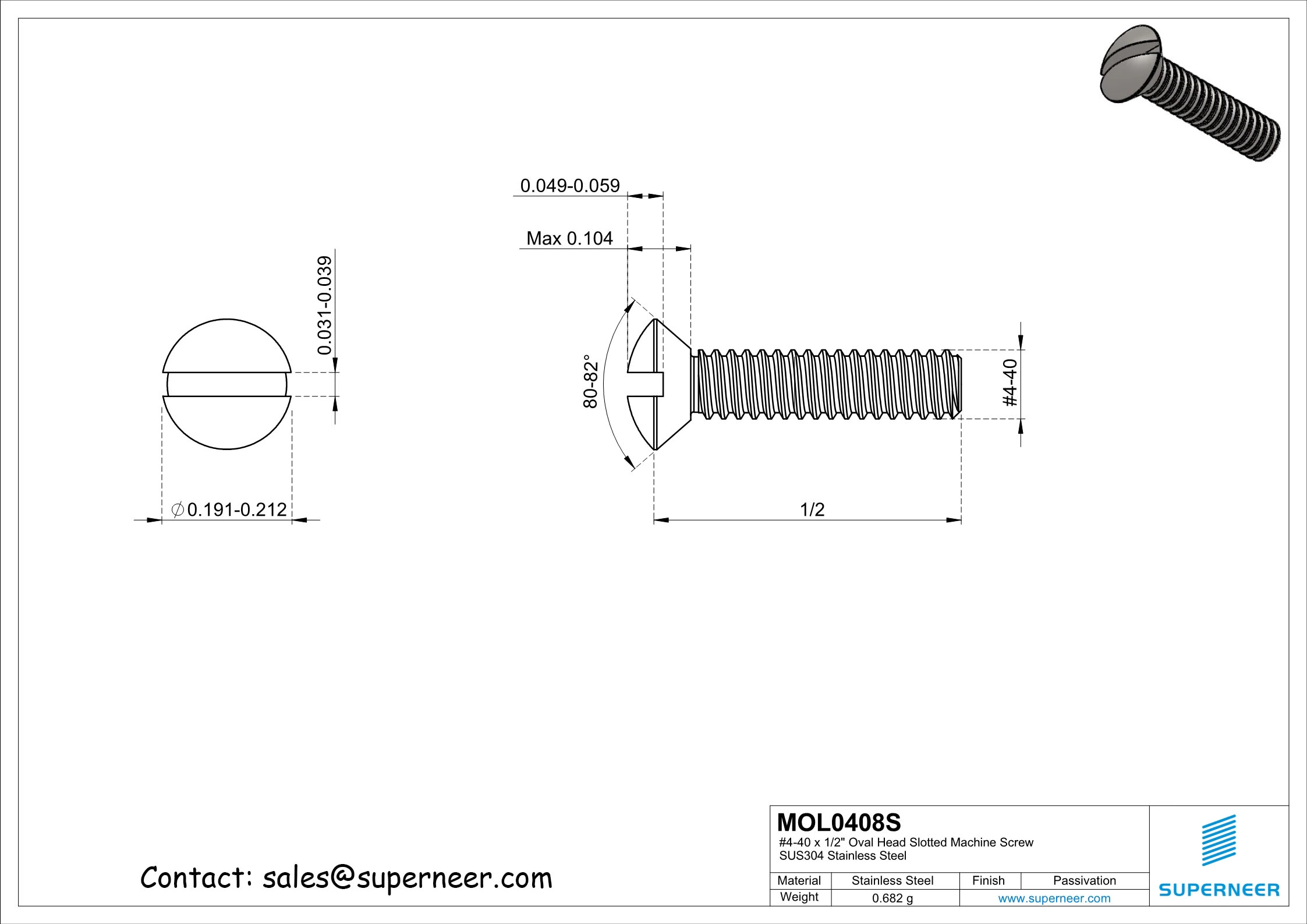 4-40 x 1/2" Oval Head Slotted Machine Screw SUS304 Stainless Steel Inox