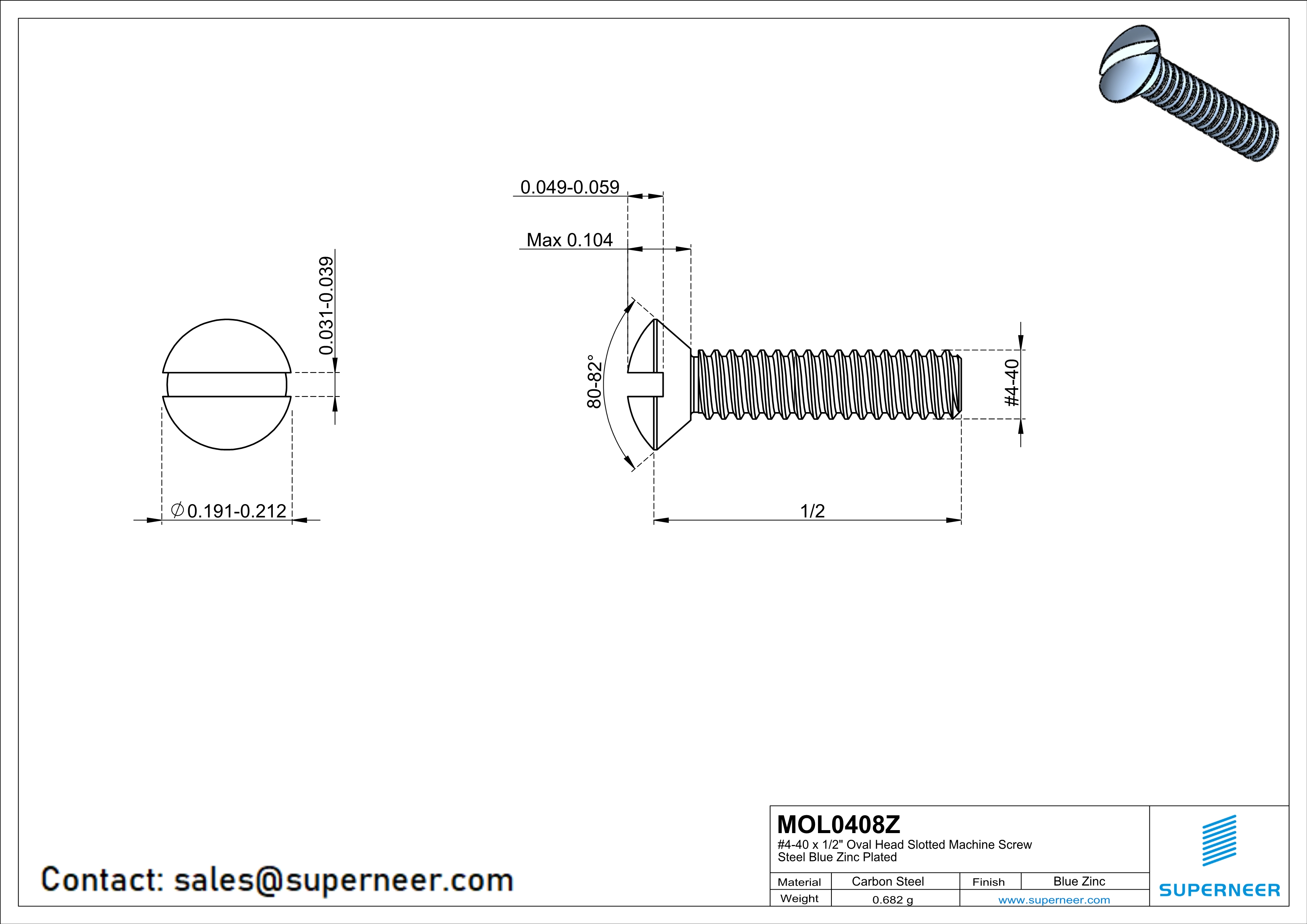 4-40 x1/2" Oval Head Slotted Machine Screw Steel Blue Zinc Plated