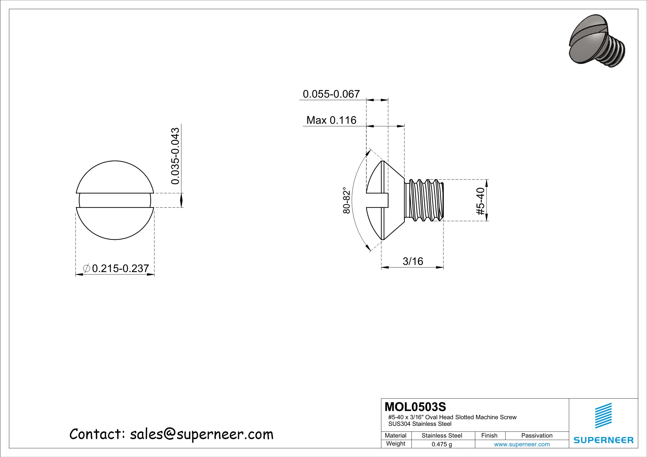 5-40 x 3/16" Oval Head Slotted Machine Screw SUS304 Stainless Steel Inox