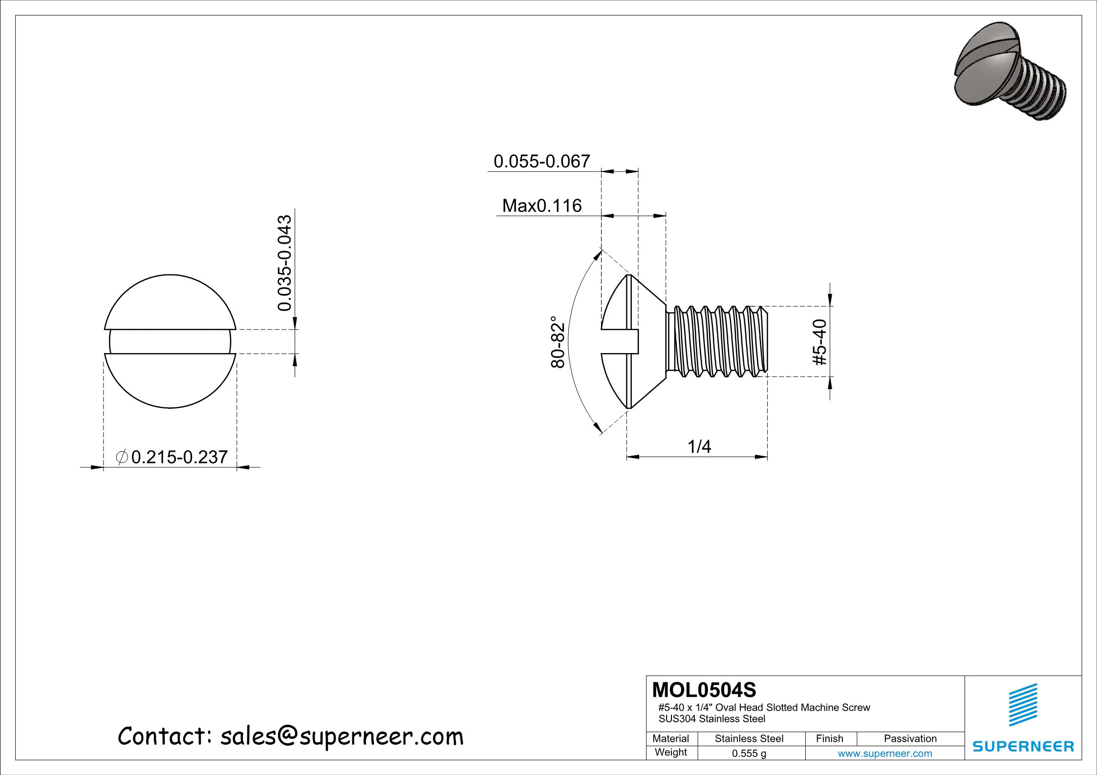 5-40 x 1/4" Oval Head Slotted Machine Screw SUS304 Stainless Steel Inox