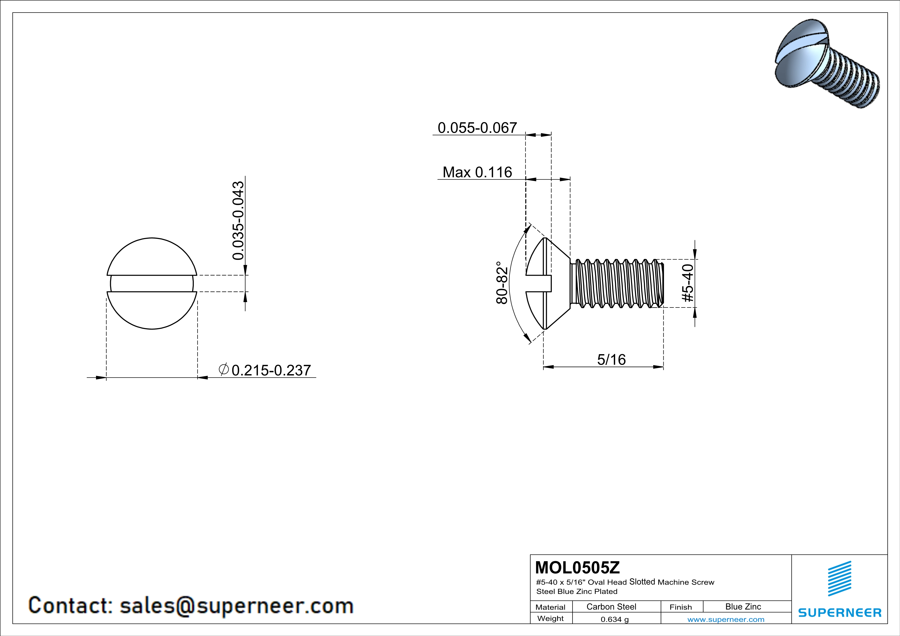 5-40 x 5/16" Oval Head Slotted Machine Screw Steel Blue Zinc Plated