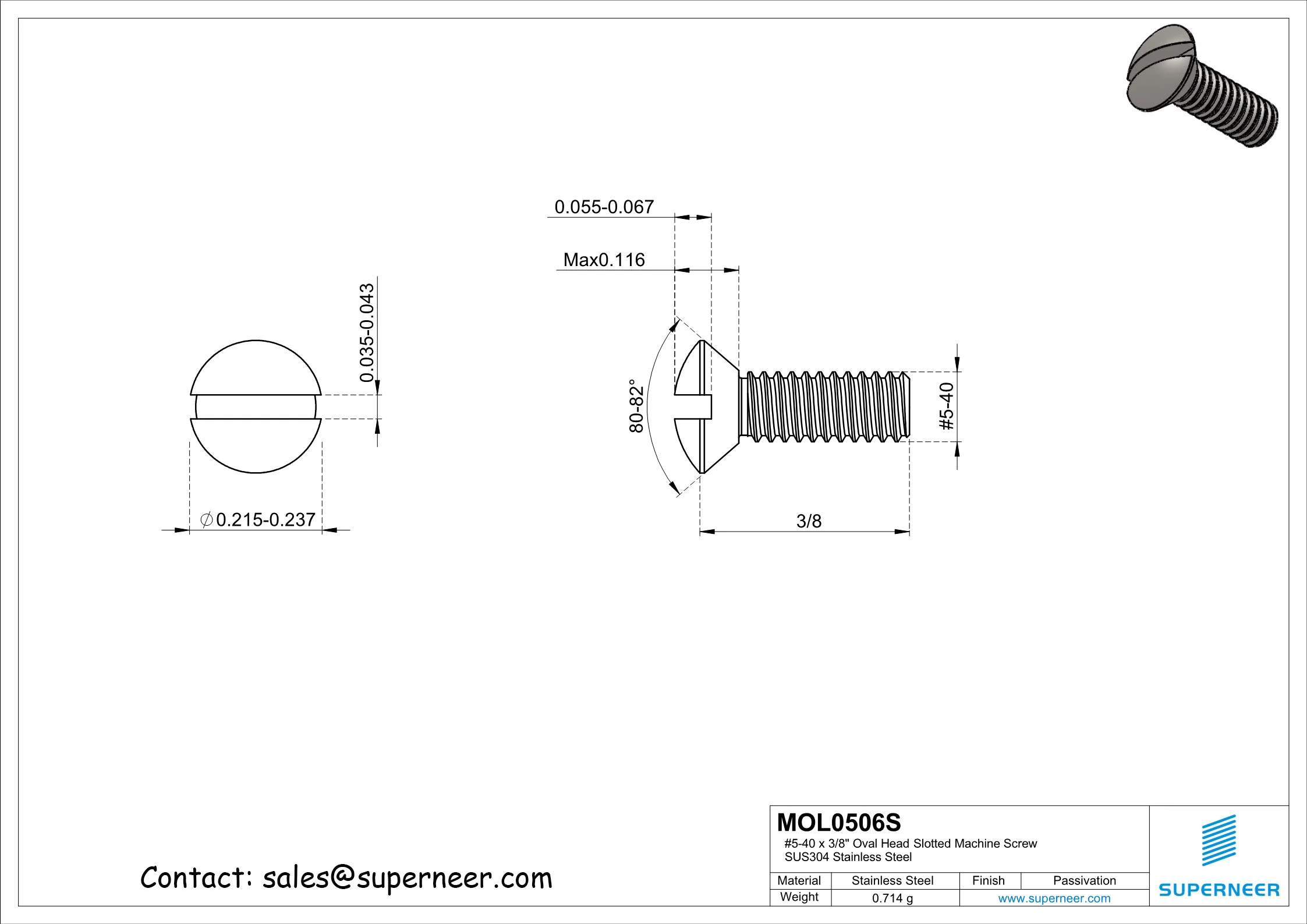 5-40 x 3/8" Oval Head Slotted Machine Screw SUS304 Stainless Steel Inox