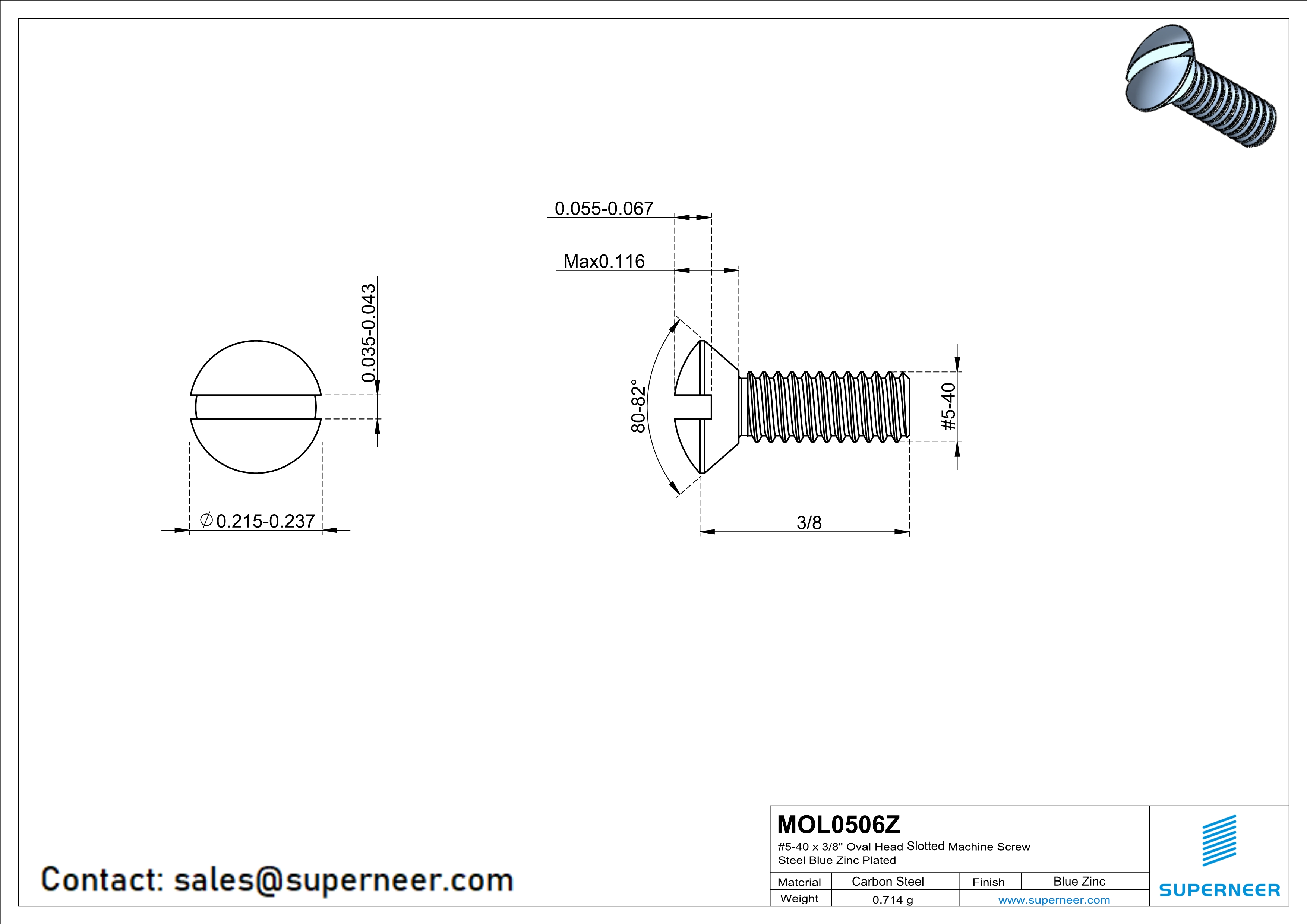 5-40 x 3/8" Oval Head Slotted Machine Screw Steel Blue Zinc Plated