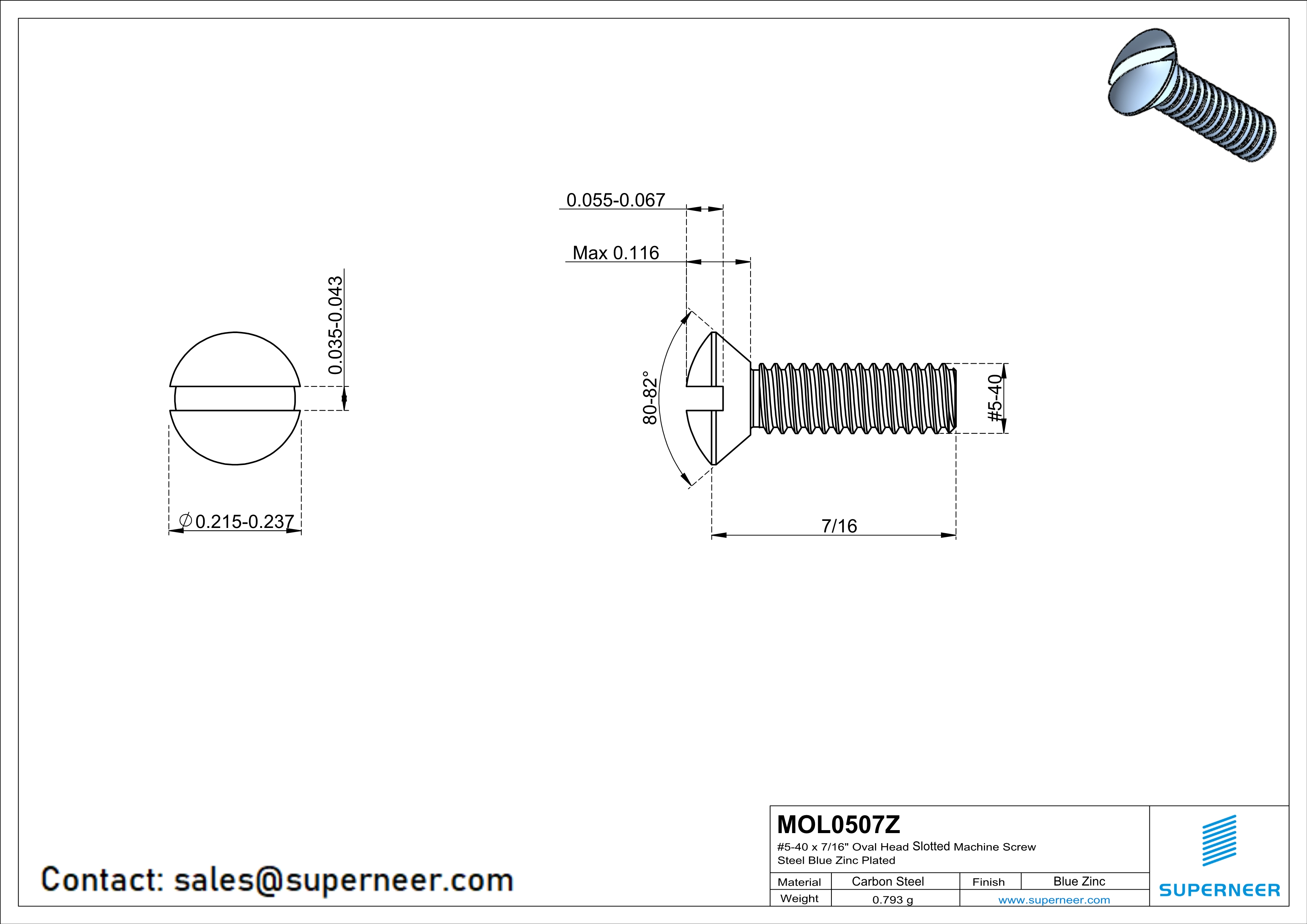 5-40 x 7/16" Oval Head Slotted Machine Screw Steel Blue Zinc Plated