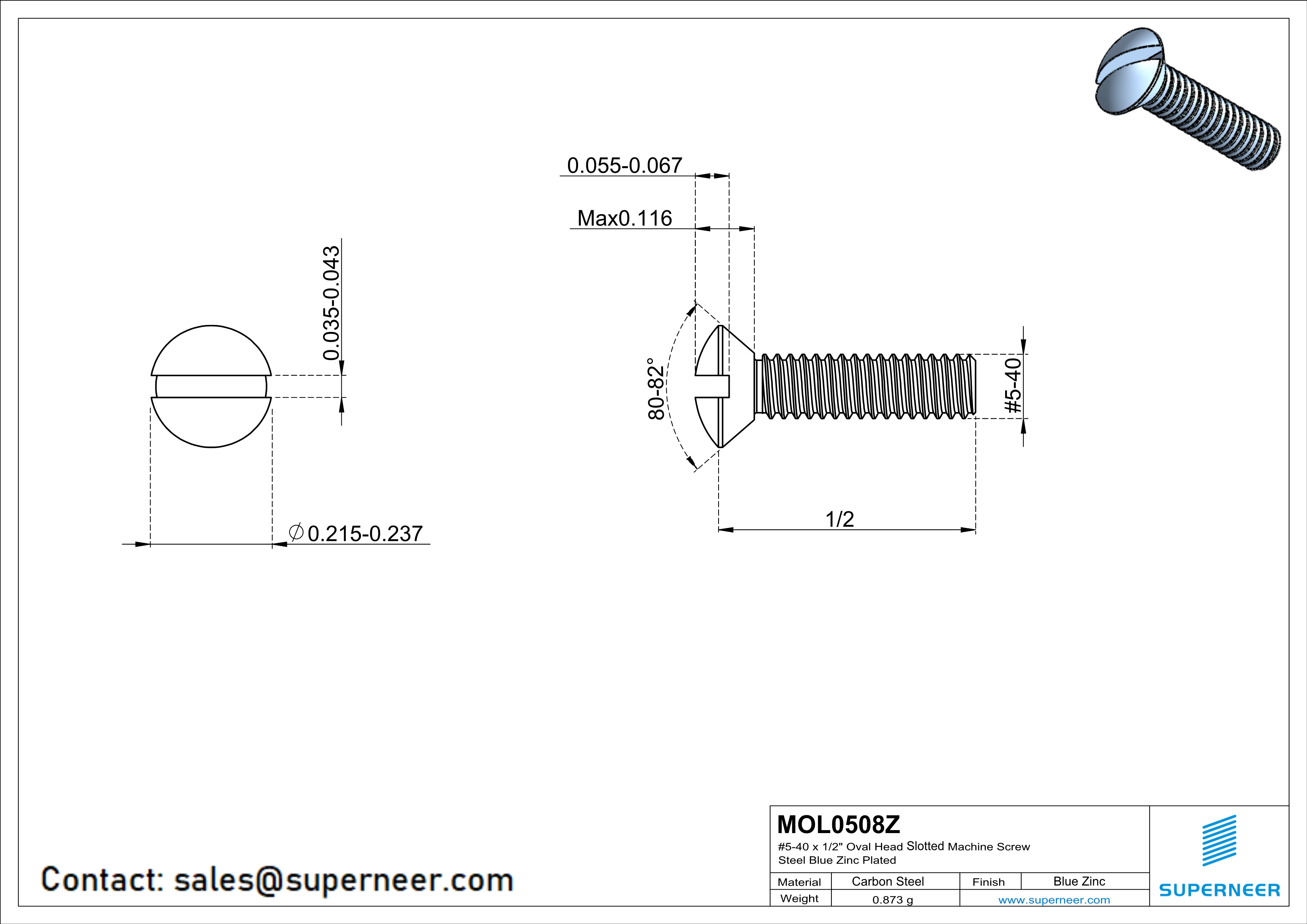 5-40 x 1/2" Oval Head Slotted Machine Screw Steel Blue Zinc Plated