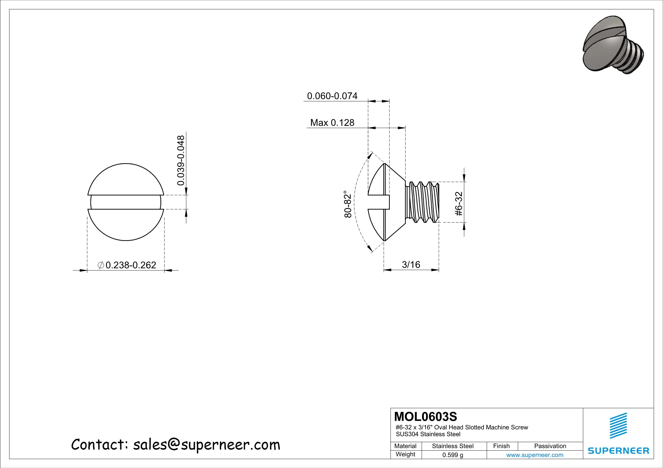 6-32 x 3/16" Oval Head Slotted Machine Screw SUS304 Stainless Steel Inox