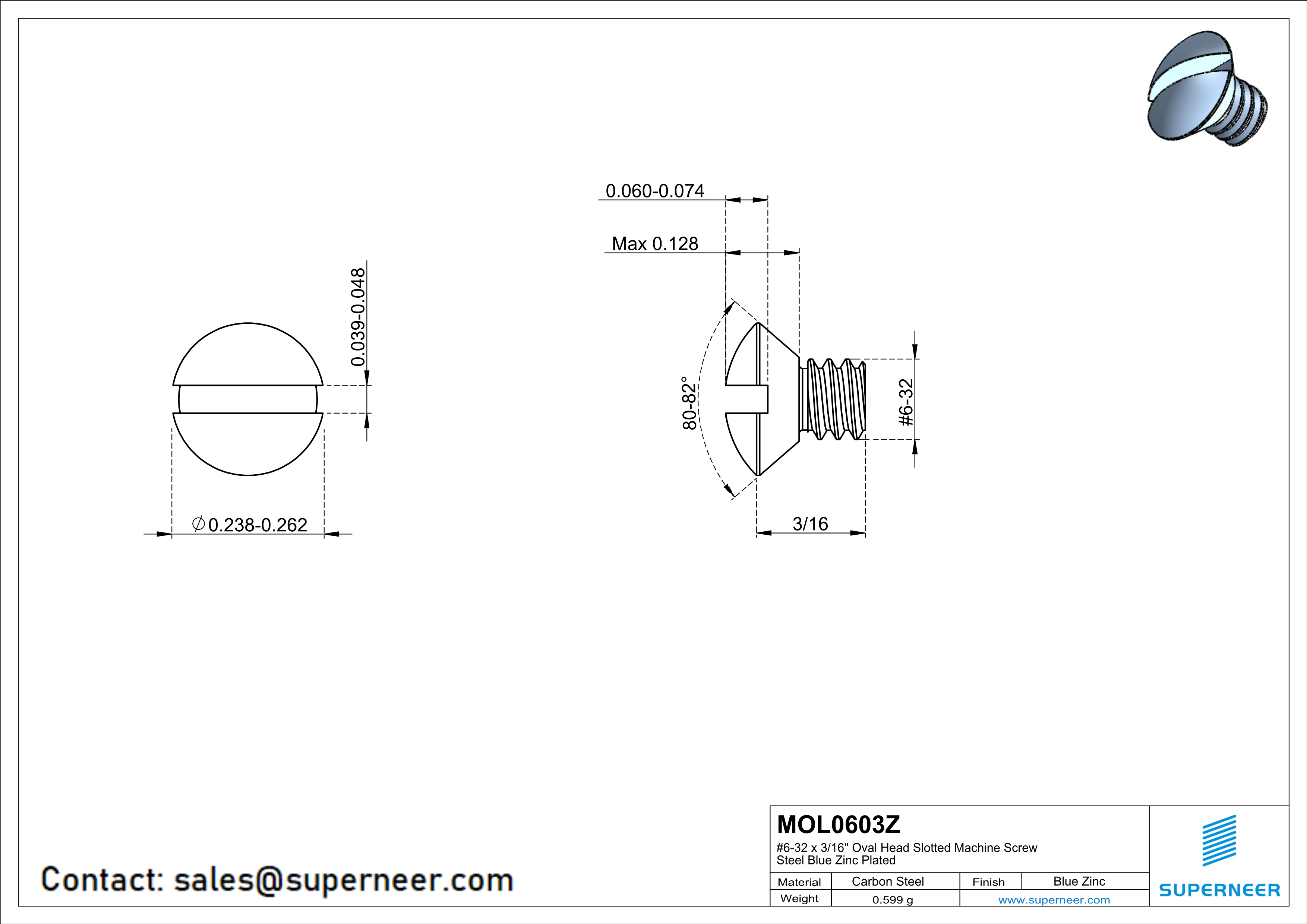6-32 x 3/16" Oval Head Slotted Machine Screw Steel Blue Zinc Plated