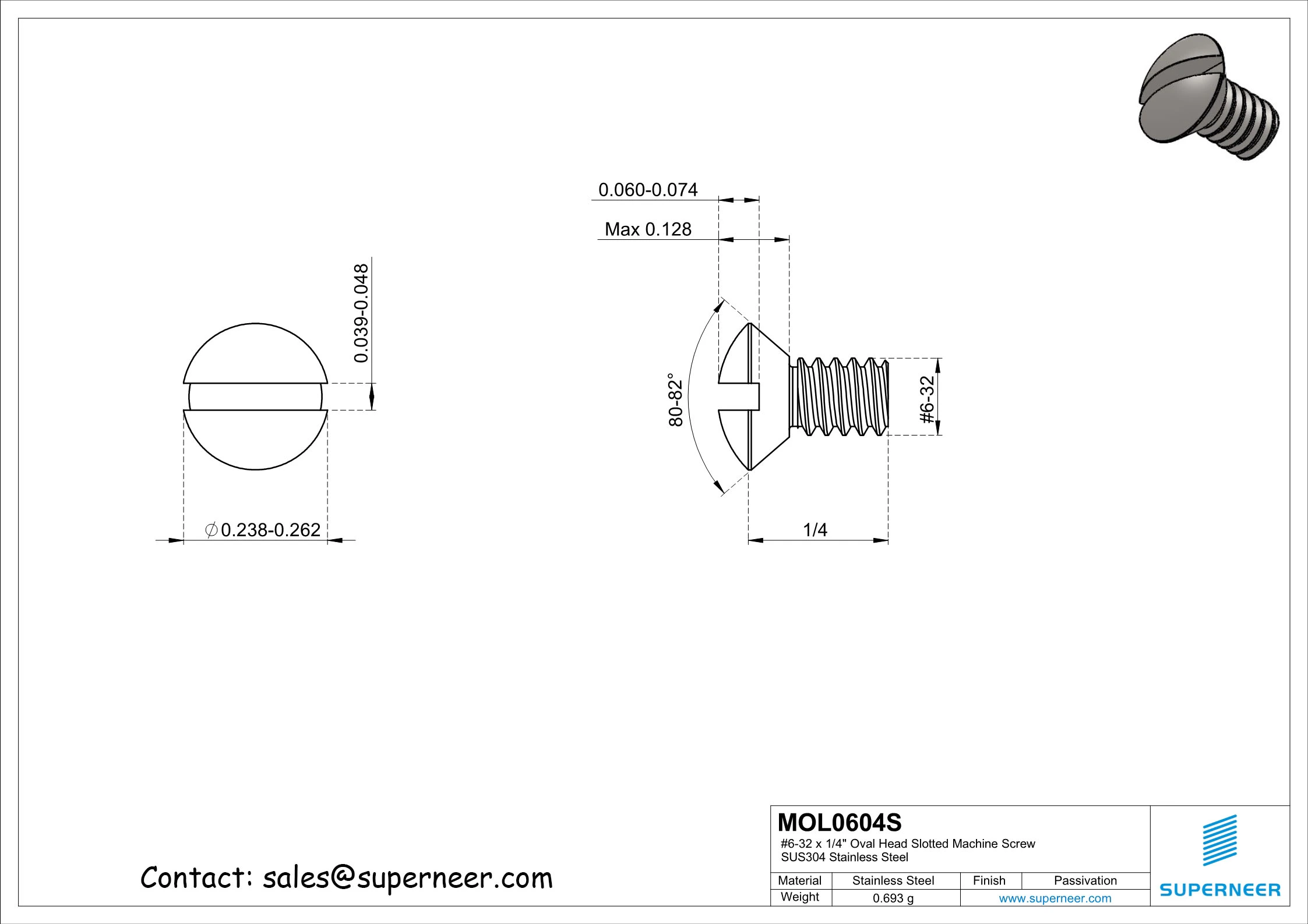 6-32 x 1/4" Oval Head Slotted Machine Screw SUS304 Stainless Steel Inox