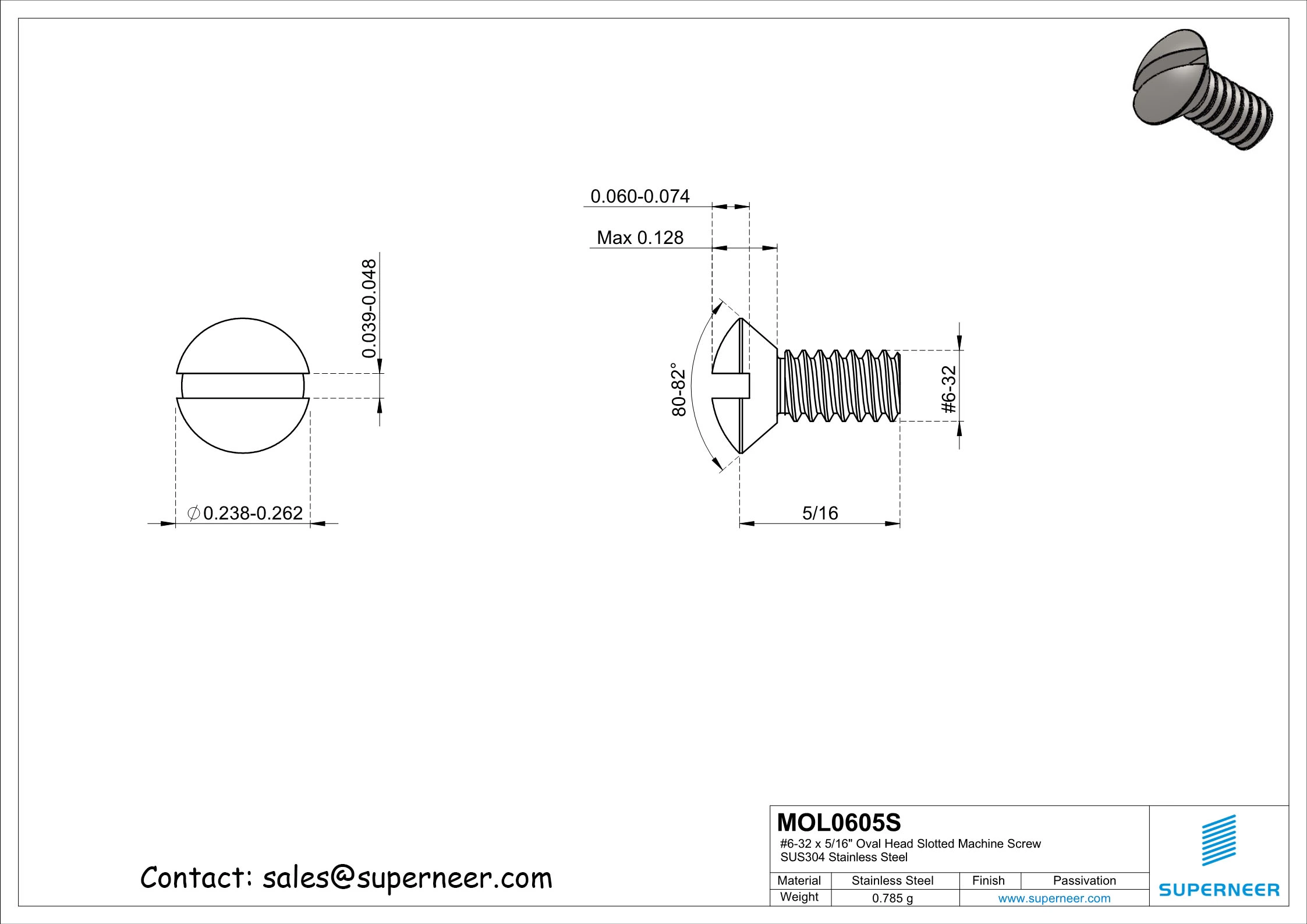 6-32 x 5/16" Oval Head Slotted Machine Screw SUS304 Stainless Steel Inox