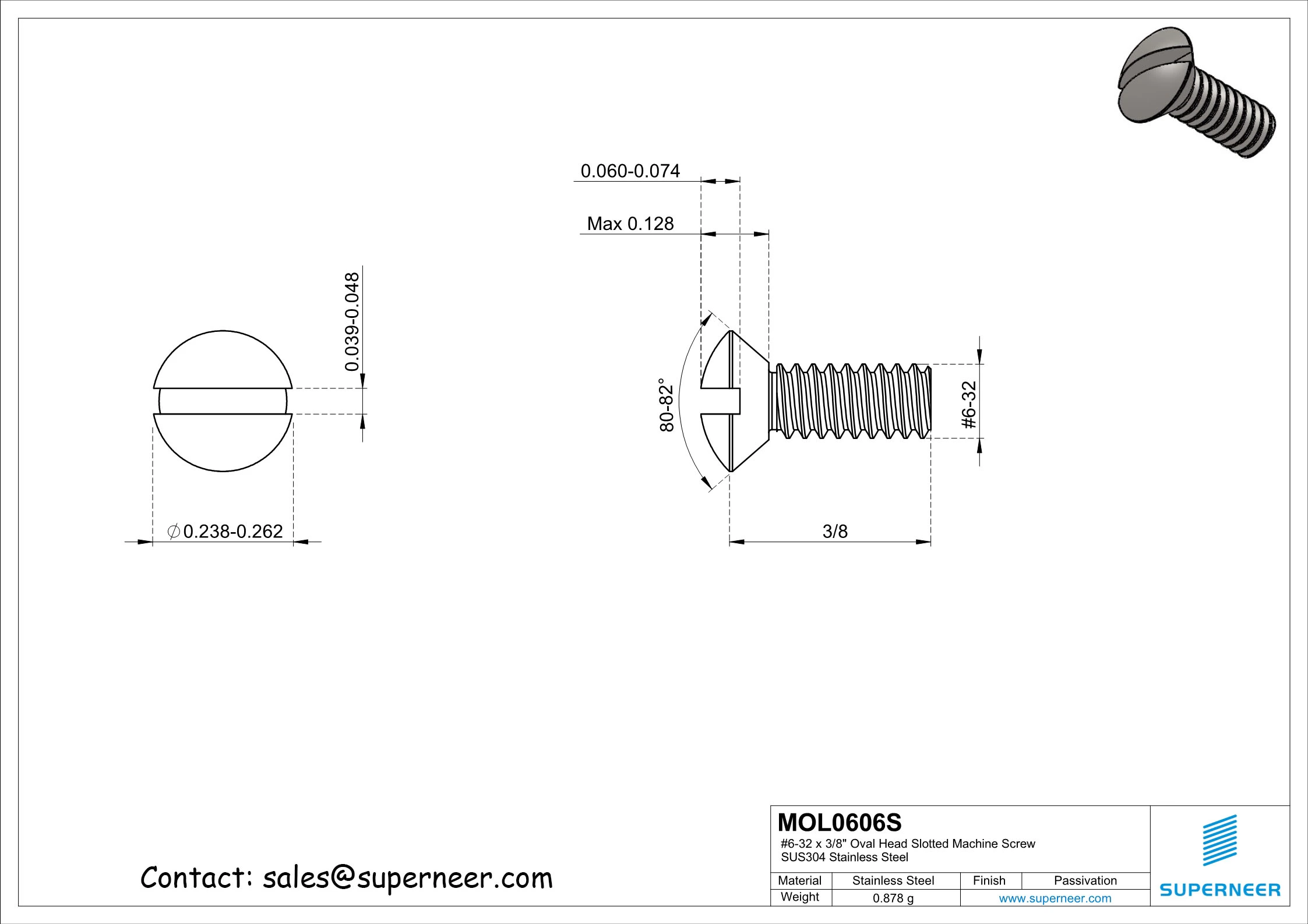 6-32 x 3/8" Oval Head Slotted Machine Screw SUS304 Stainless Steel Inox