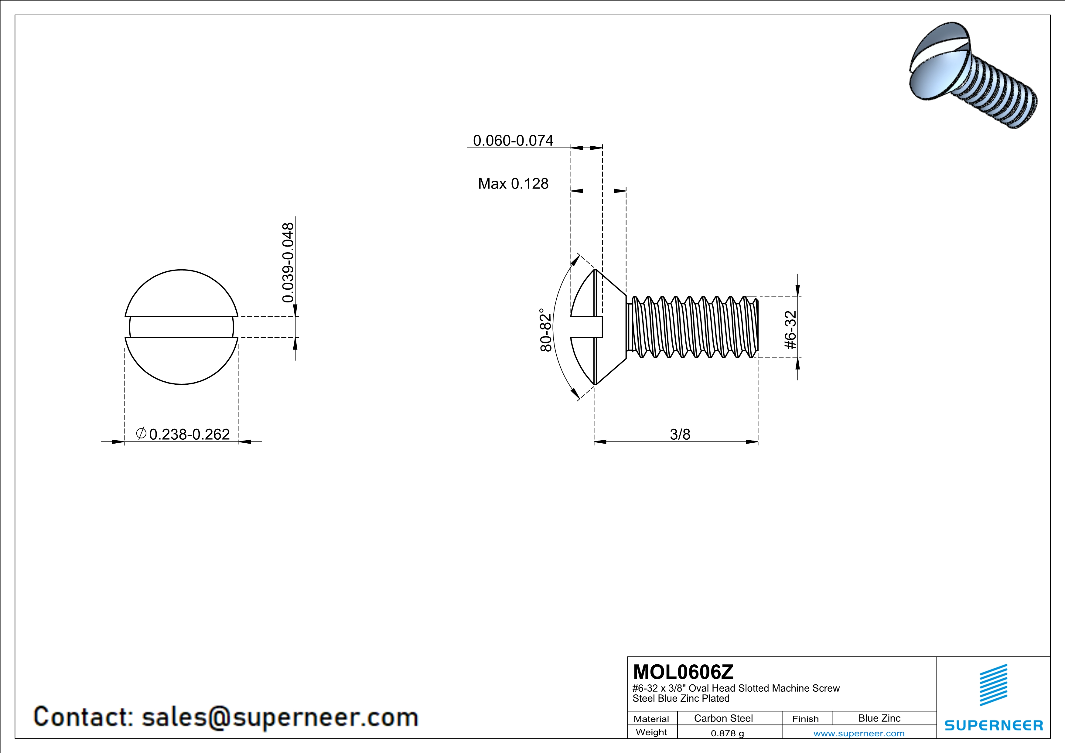 6-32 x 3/8" Oval Head Slotted Machine Screw Steel Blue Zinc Plated