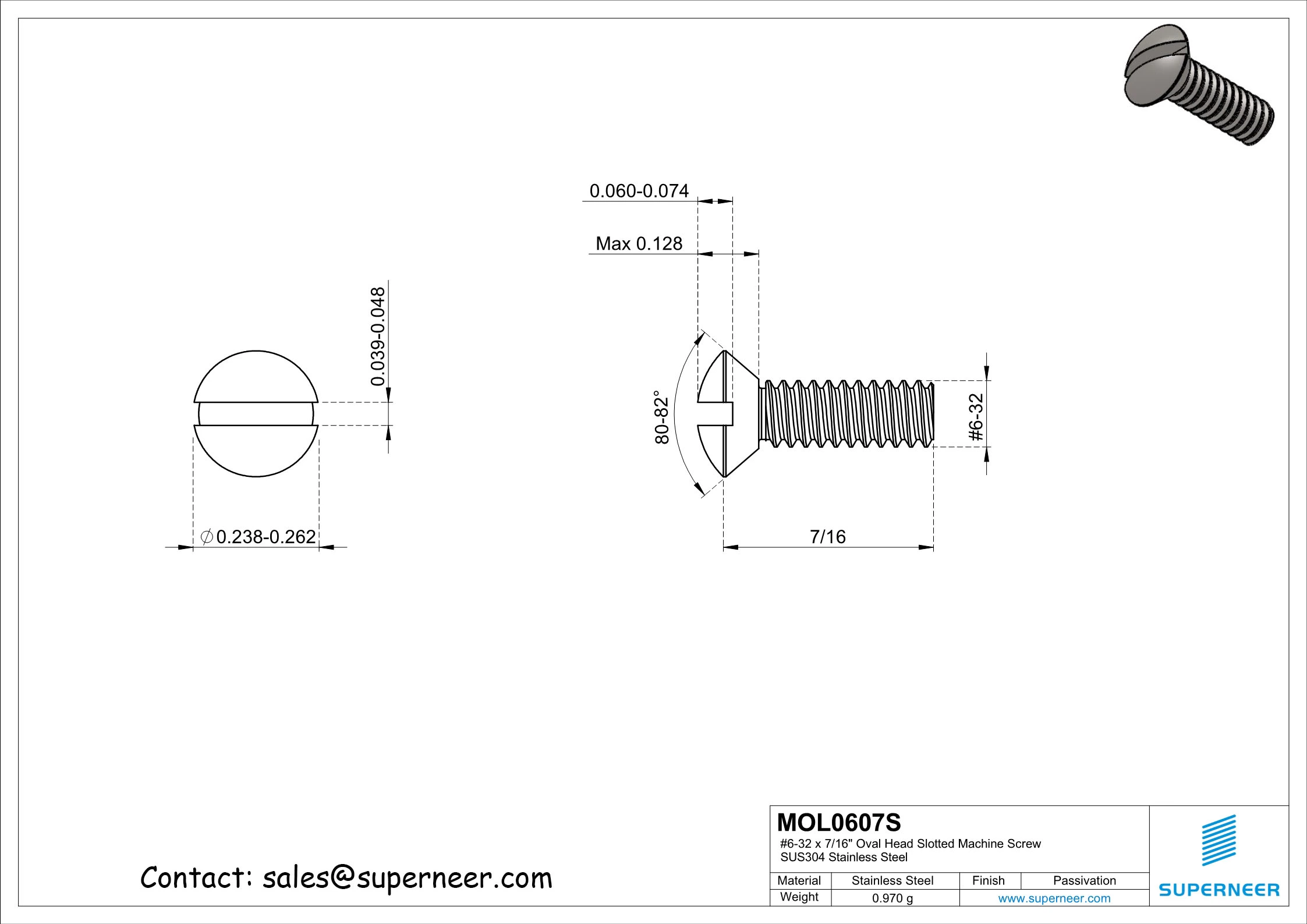 6-32 x 7/16" Oval Head Slotted Machine Screw SUS304 Stainless Steel Inox