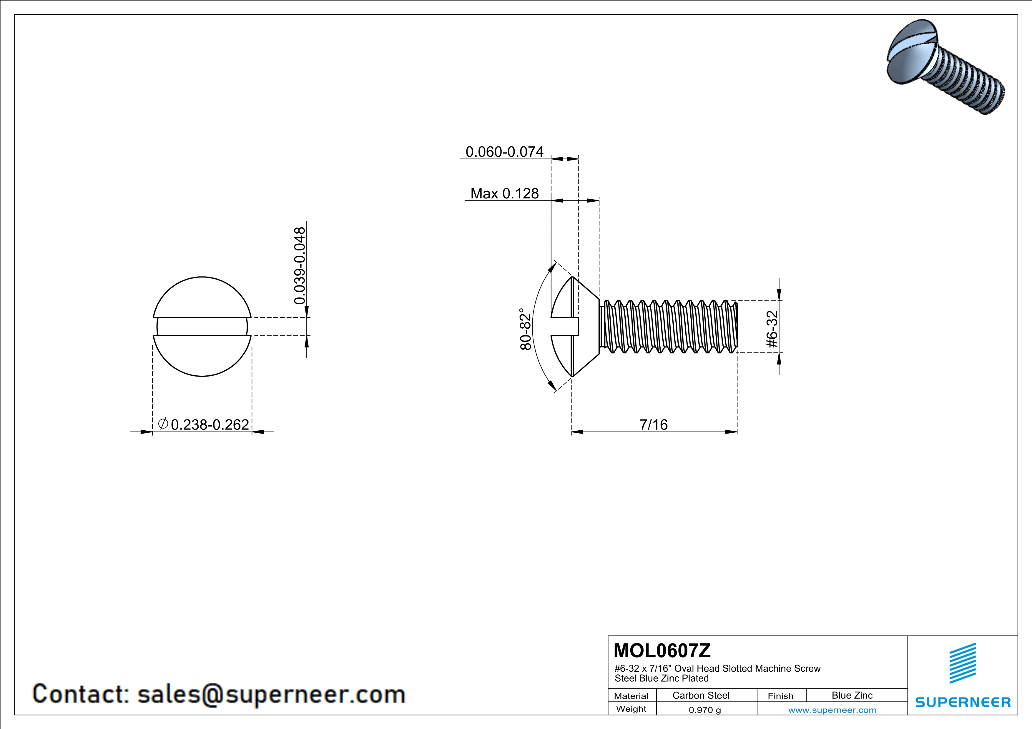 6-32 x 7/16" Oval Head Slotted Machine Screw Steel Blue Zinc Plated