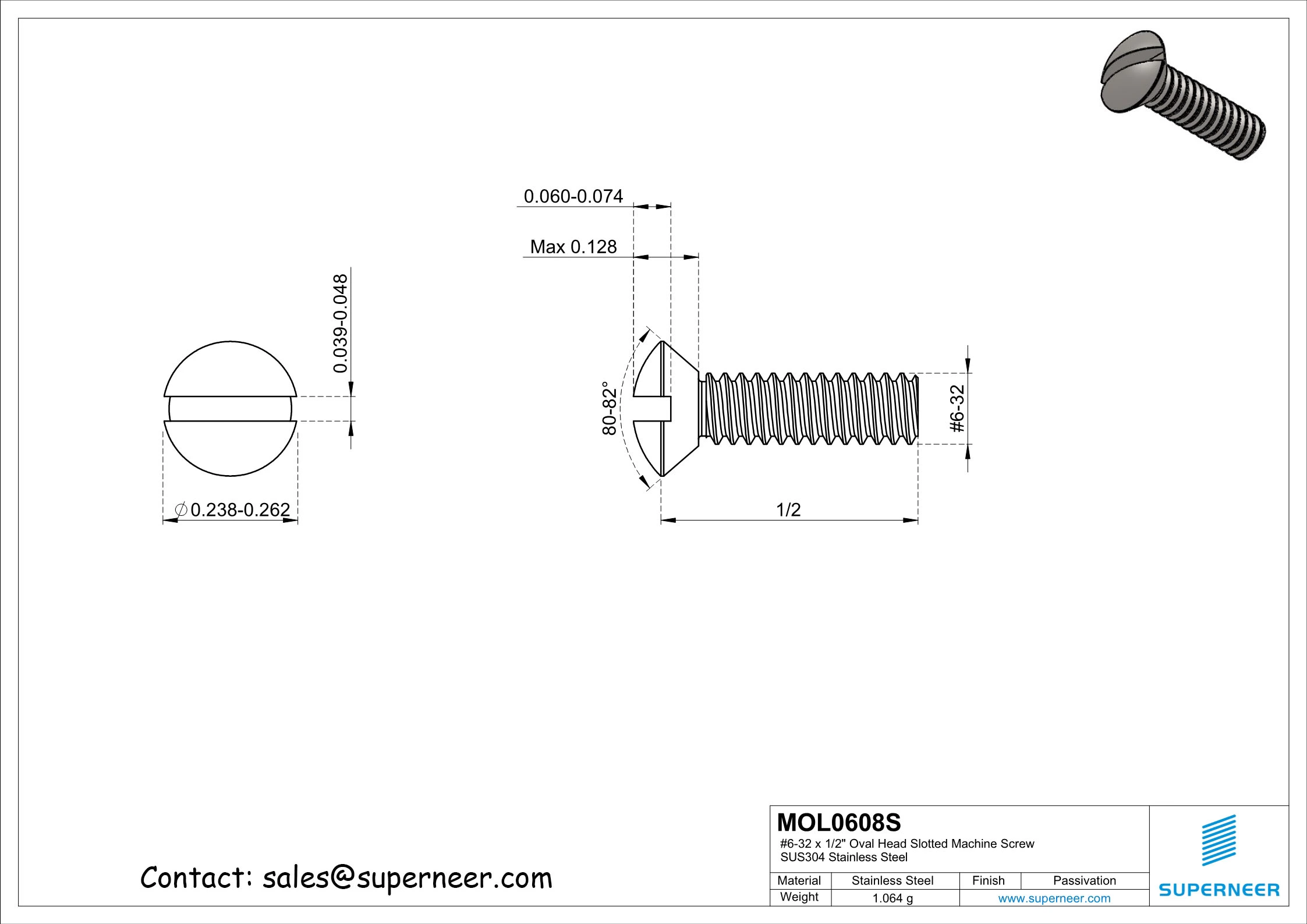 6-32 x 1/2" Oval Head Slotted Machine Screw SUS304 Stainless Steel Inox